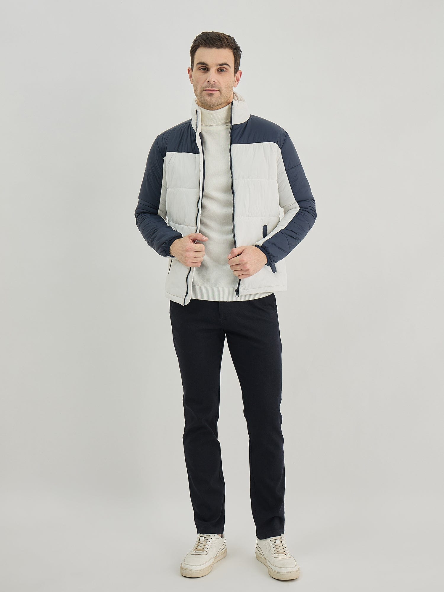 Lindbergh Men White Colour Blocked Stand Collar Jacket