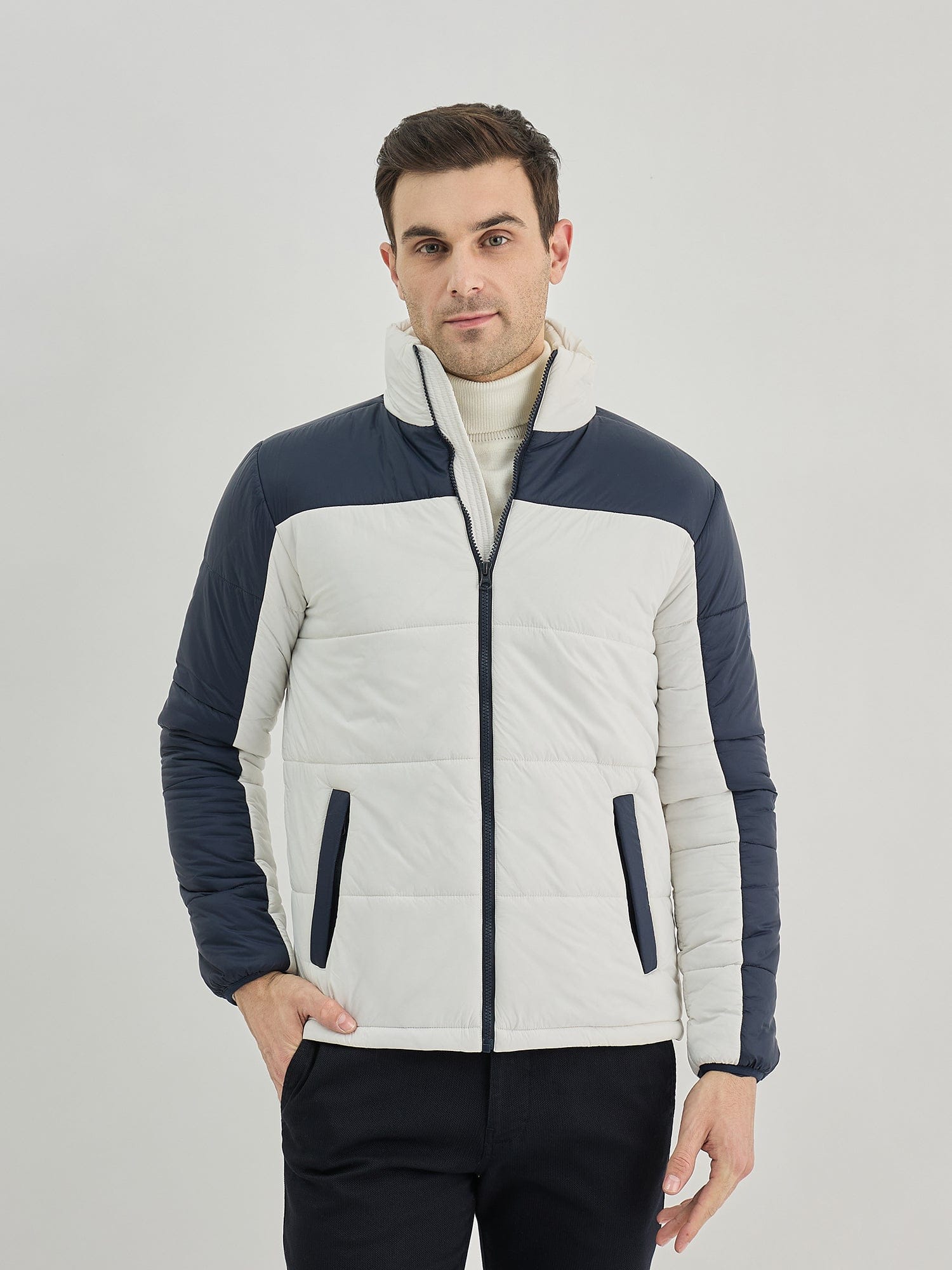 Lindbergh Men White Colour Blocked Stand Collar Jacket