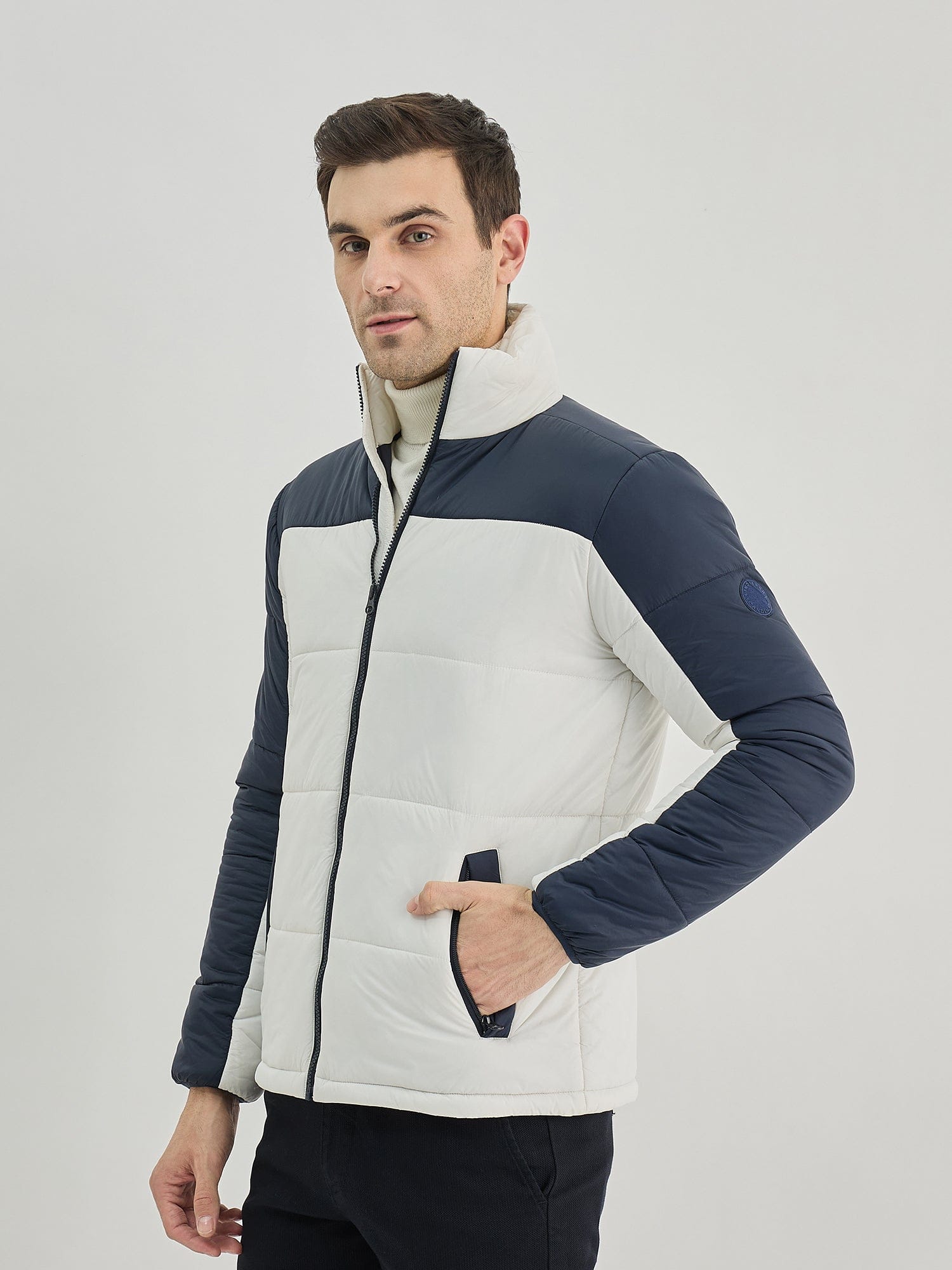 Lindbergh Men White Colour Blocked Stand Collar Jacket
