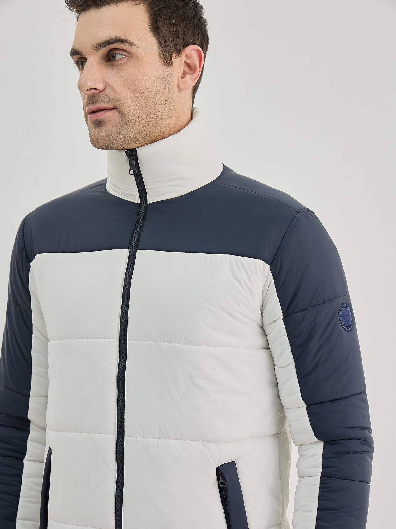 Lindbergh Men White Colour Blocked Stand Collar Jacket