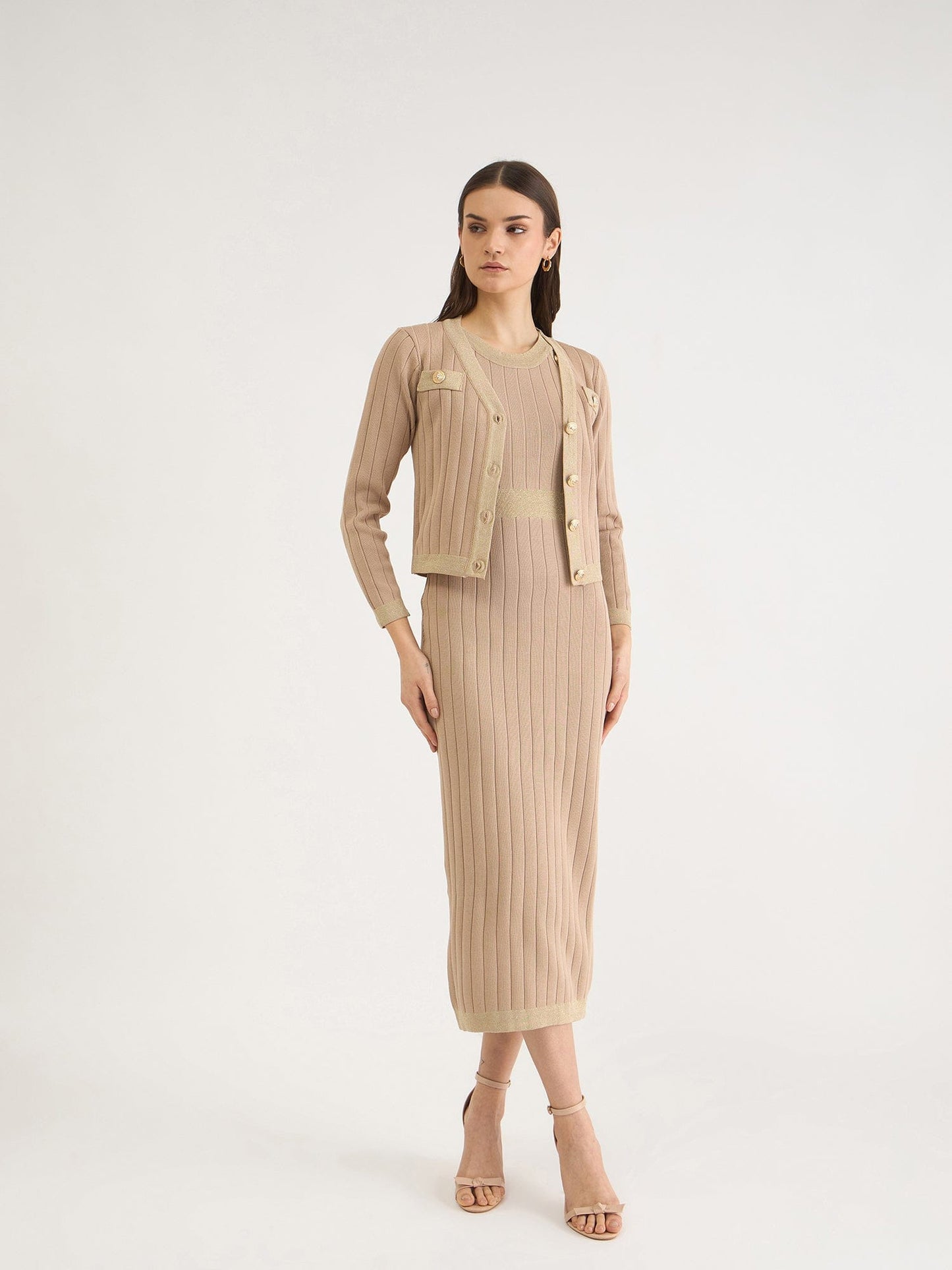 Iconic Women Beige Solid V Neck Dress Set