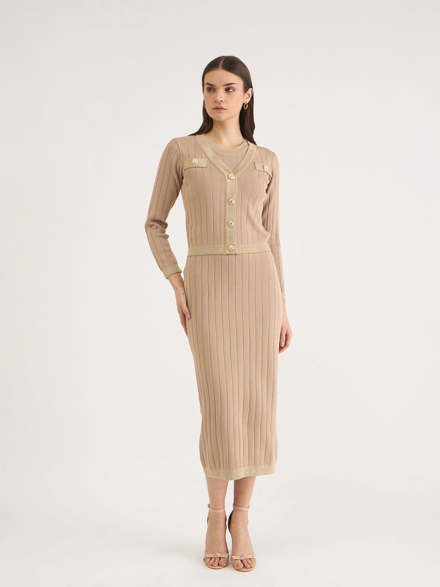 Iconic Women Beige Solid V Neck Dress Set