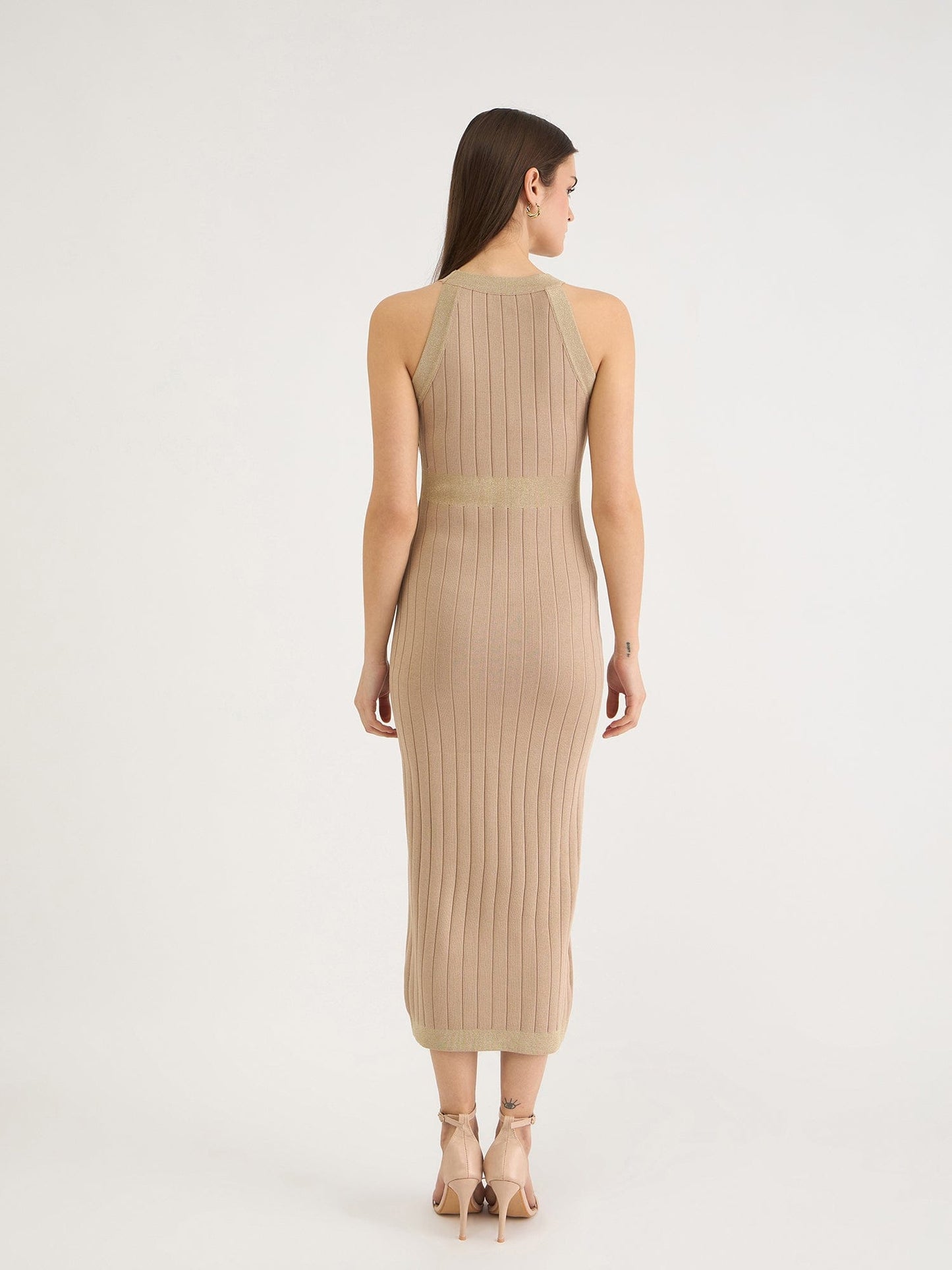 Iconic Women Beige Solid V Neck Dress Set