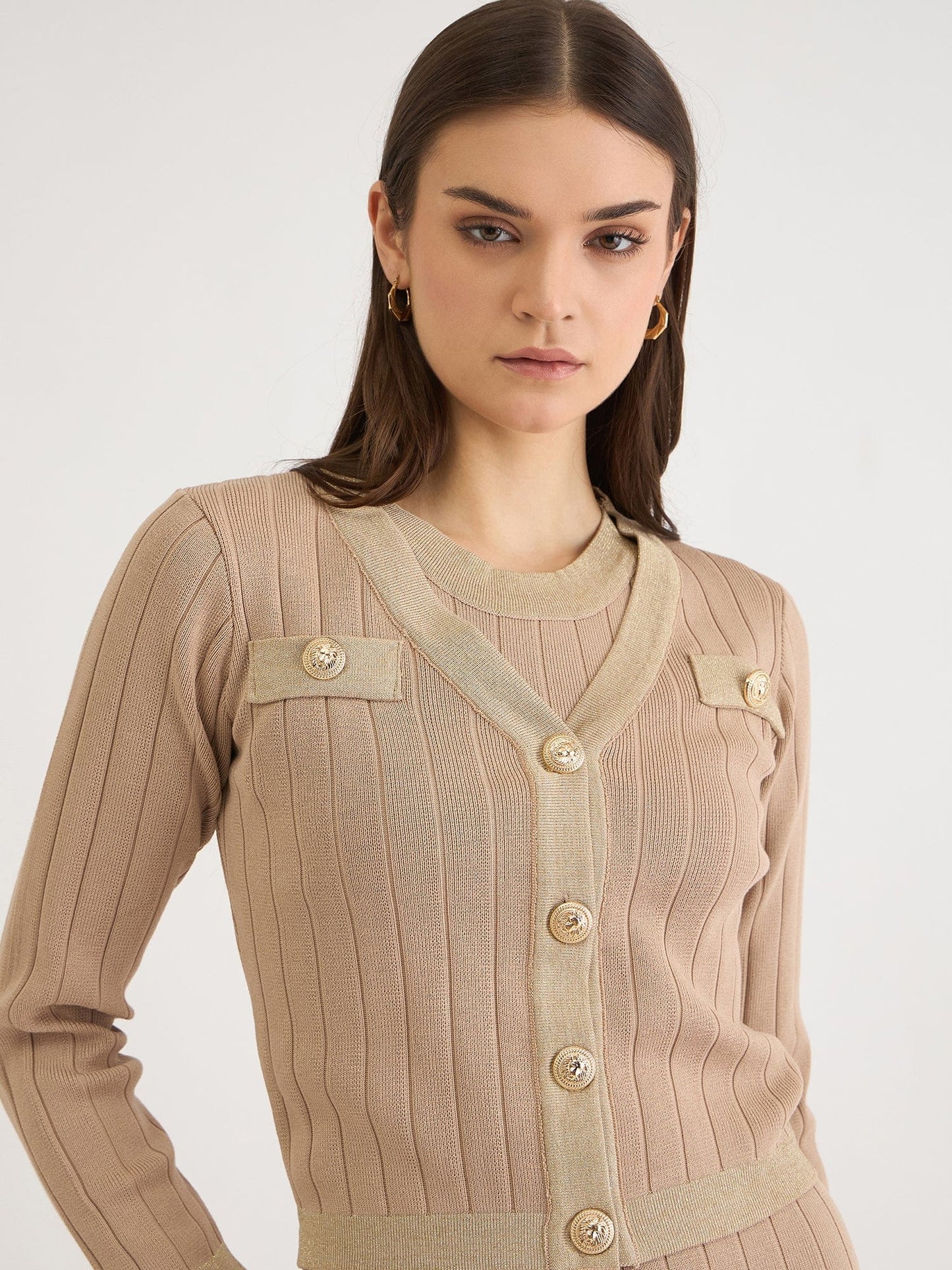 Iconic Women Beige Solid V Neck Dress Set