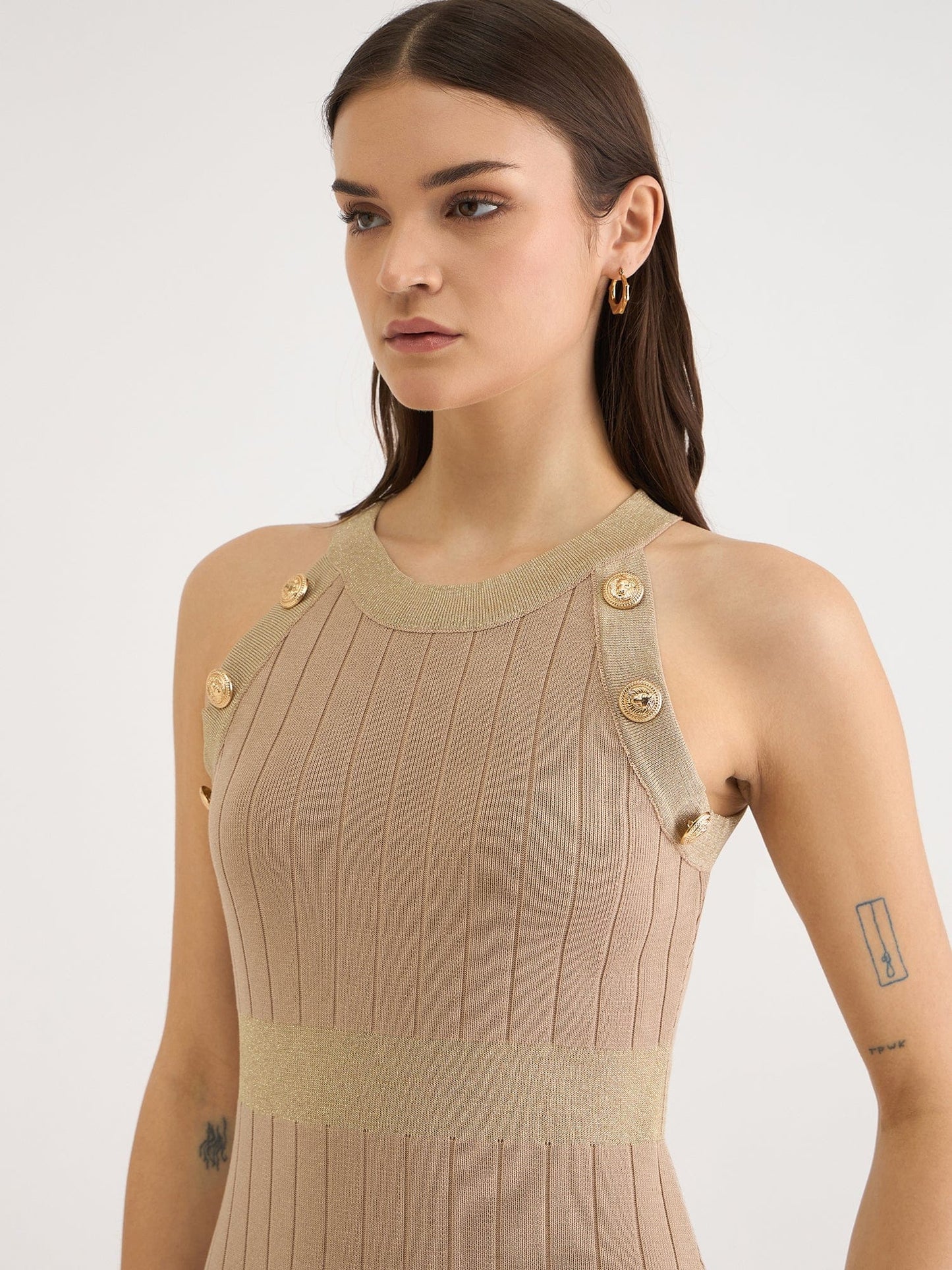 Iconic Women Beige Solid V Neck Dress Set