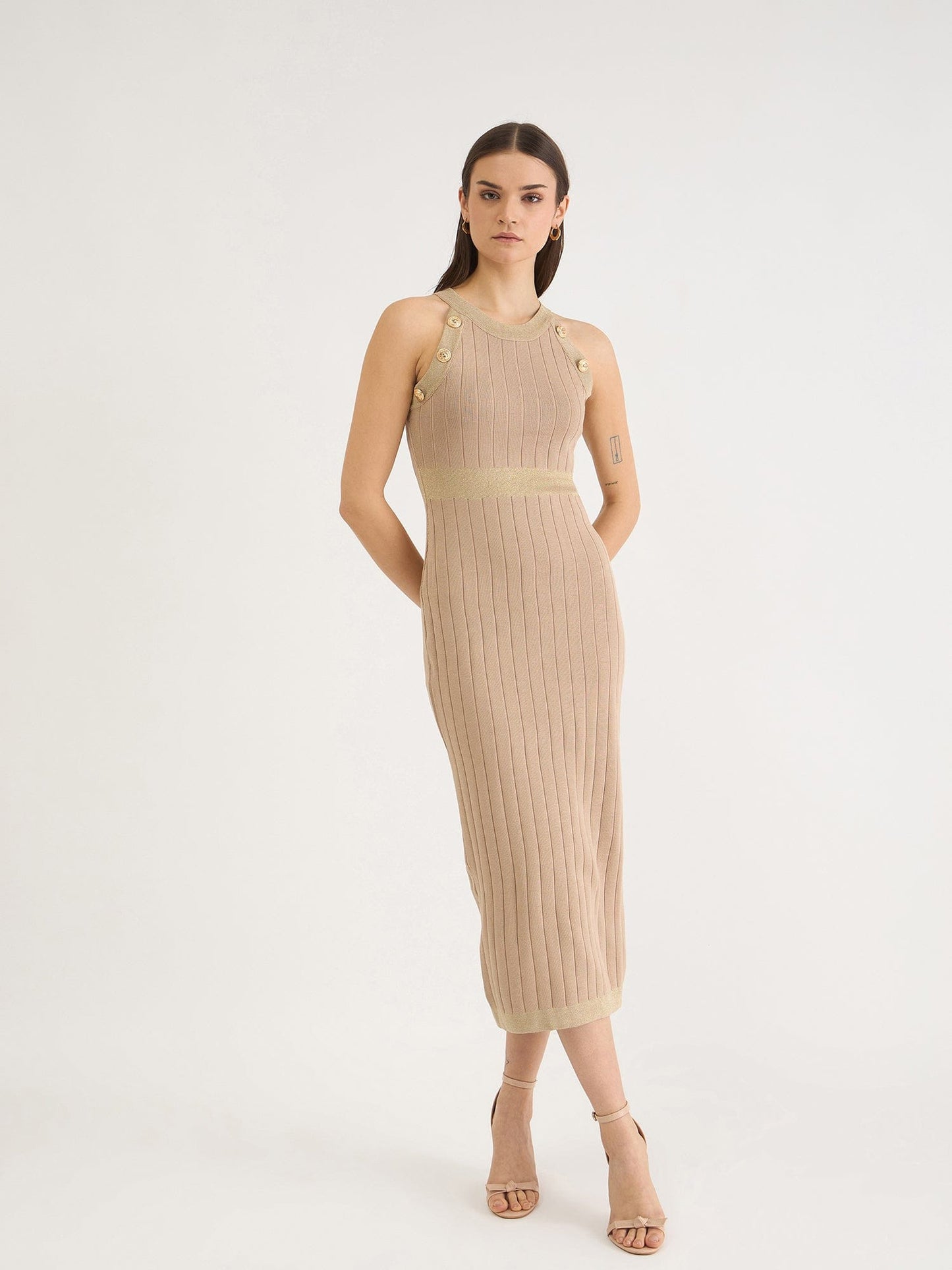 Iconic Women Beige Solid V Neck Dress Set