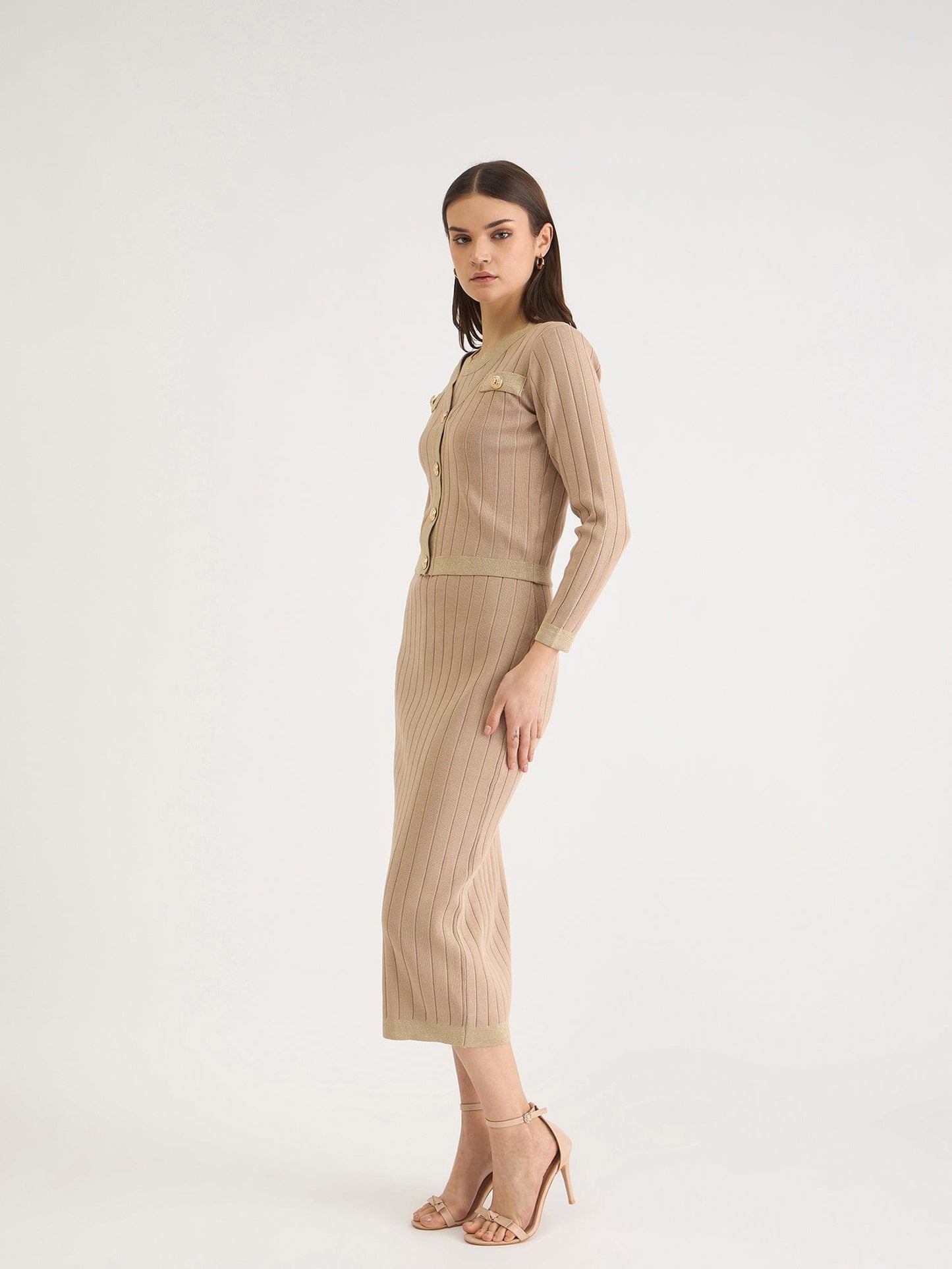 Iconic Women Beige Solid V Neck Dress Set