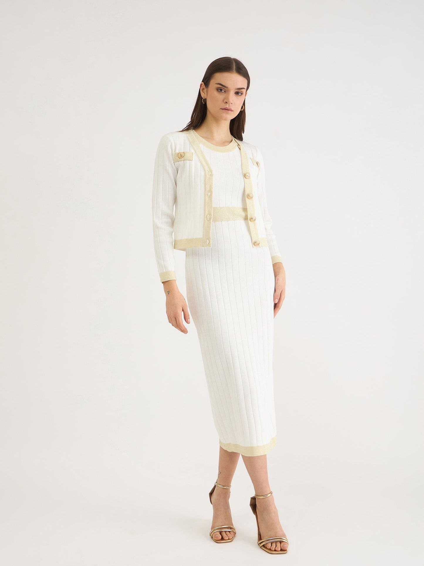 Iconic Women White Solid V Neck Dress Set