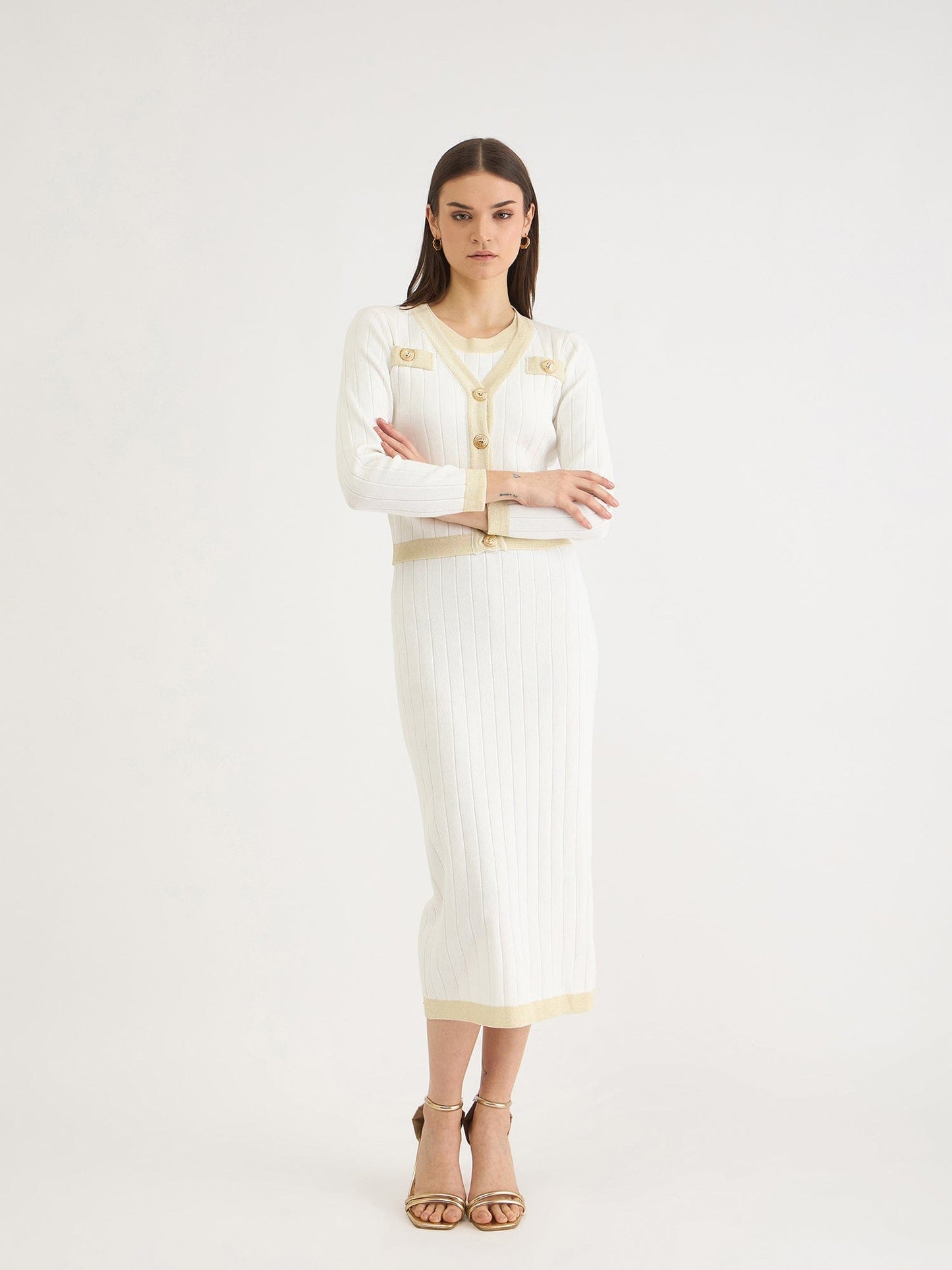 Iconic Women White Solid V Neck Dress Set