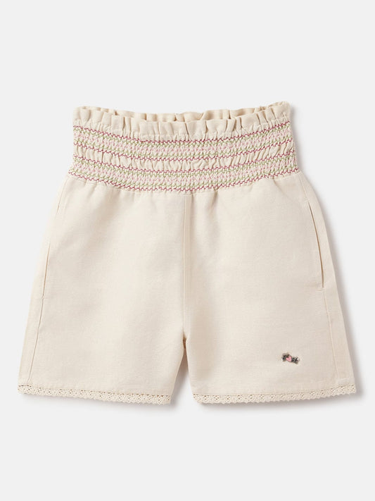 Blue Giraffe Girls Cream High Rise Regular Fit Smocked Waistband Shorts