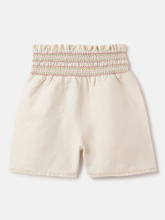 Blue Giraffe Girls Cream High Rise Regular Fit Smocked Waistband Shorts