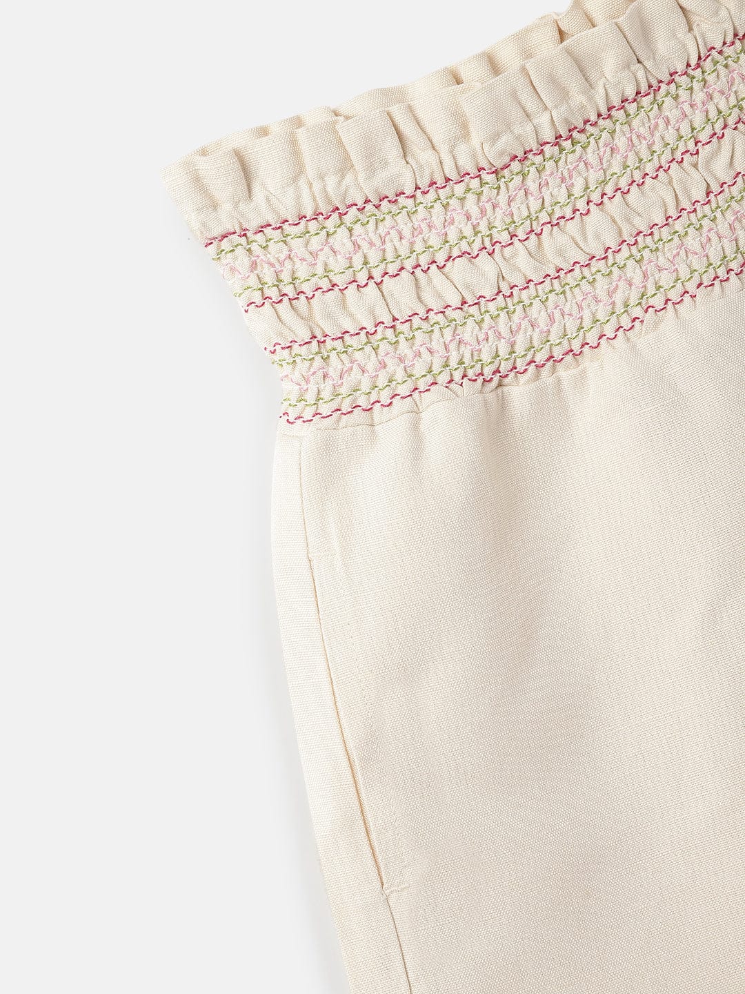 Blue Giraffe Girls Cream High Rise Regular Fit Smocked Waistband Shorts