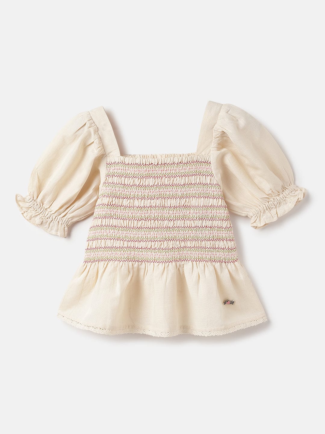 Blue Giraffe Girls Cream Square Neck Half Sleeve Self-Design Peasant Top