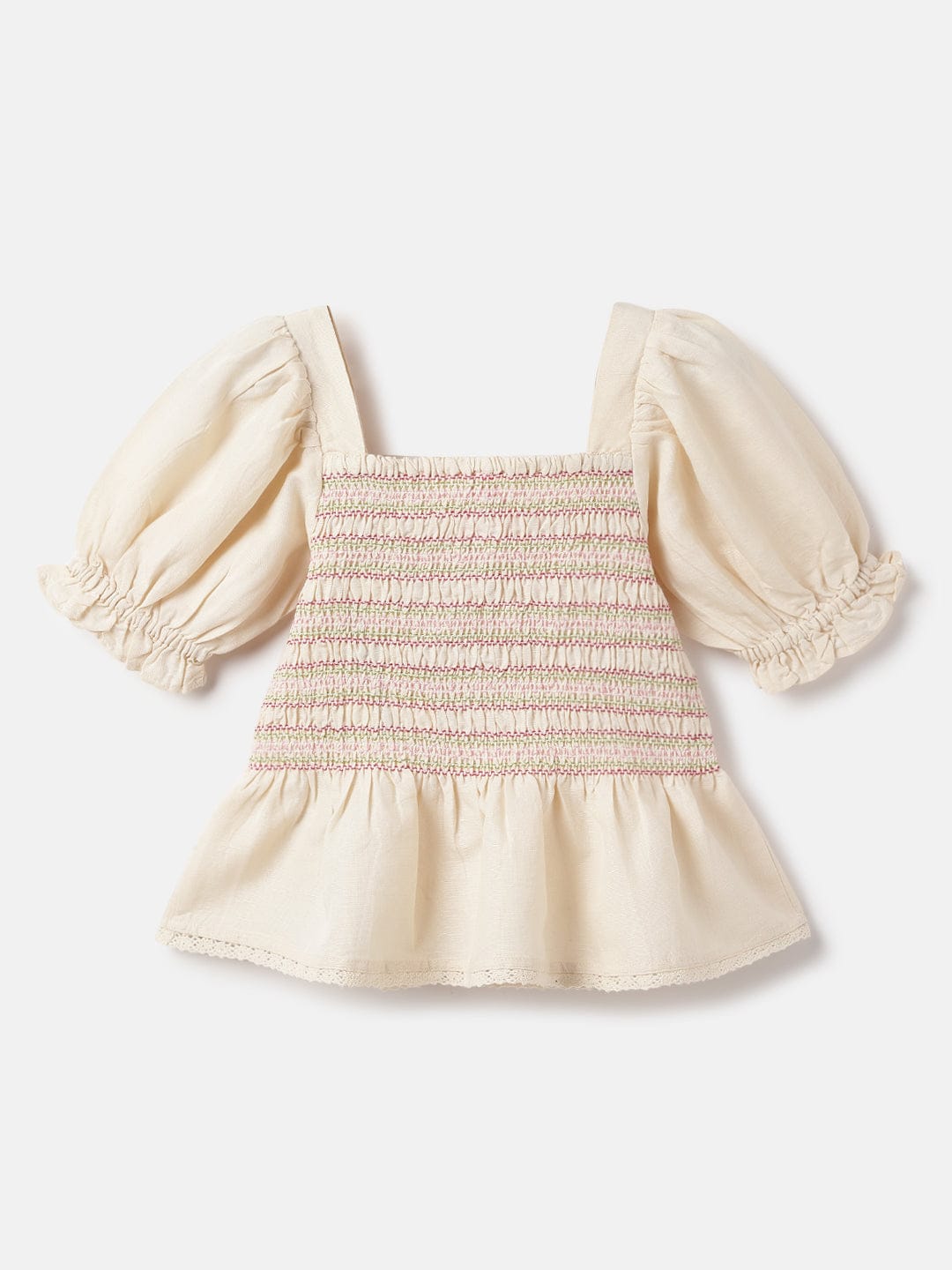 Blue Giraffe Girls Cream Square Neck Half Sleeve Self-Design Peasant Top