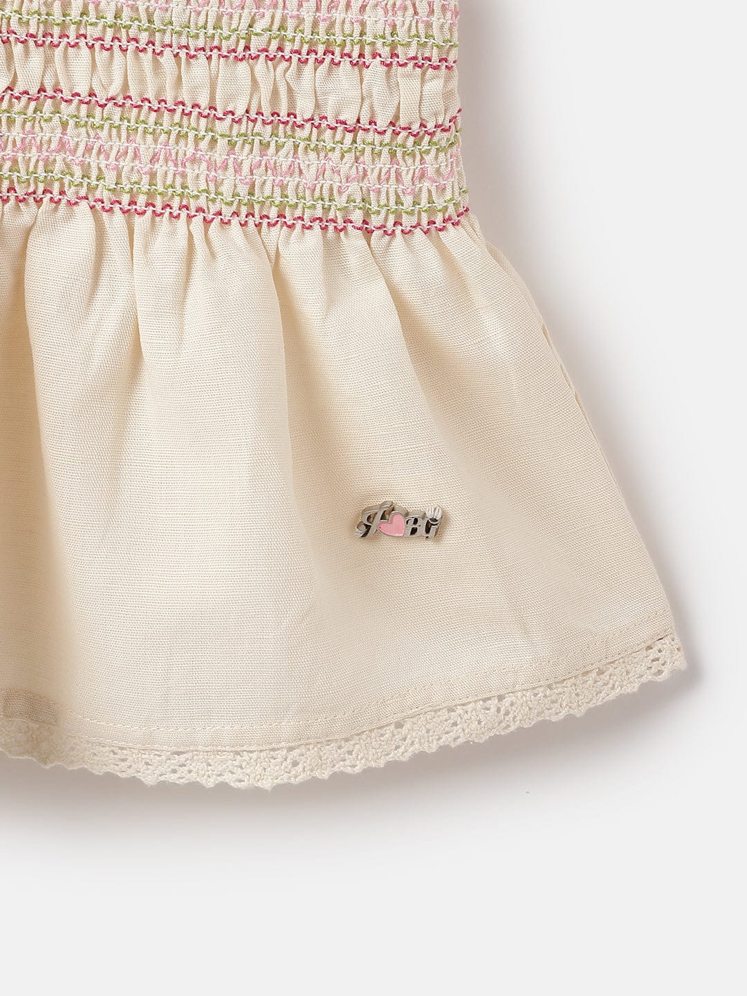 Blue Giraffe Girls Cream Square Neck Half Sleeve Self-Design Peasant Top