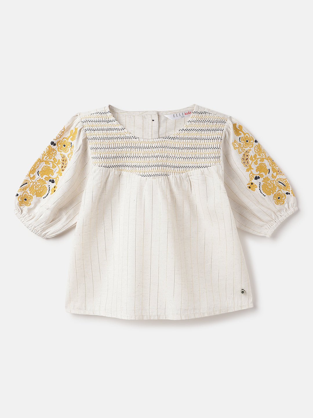 Elle Girls White Round Neck Half Sleeve Floral embroidery Regular Top