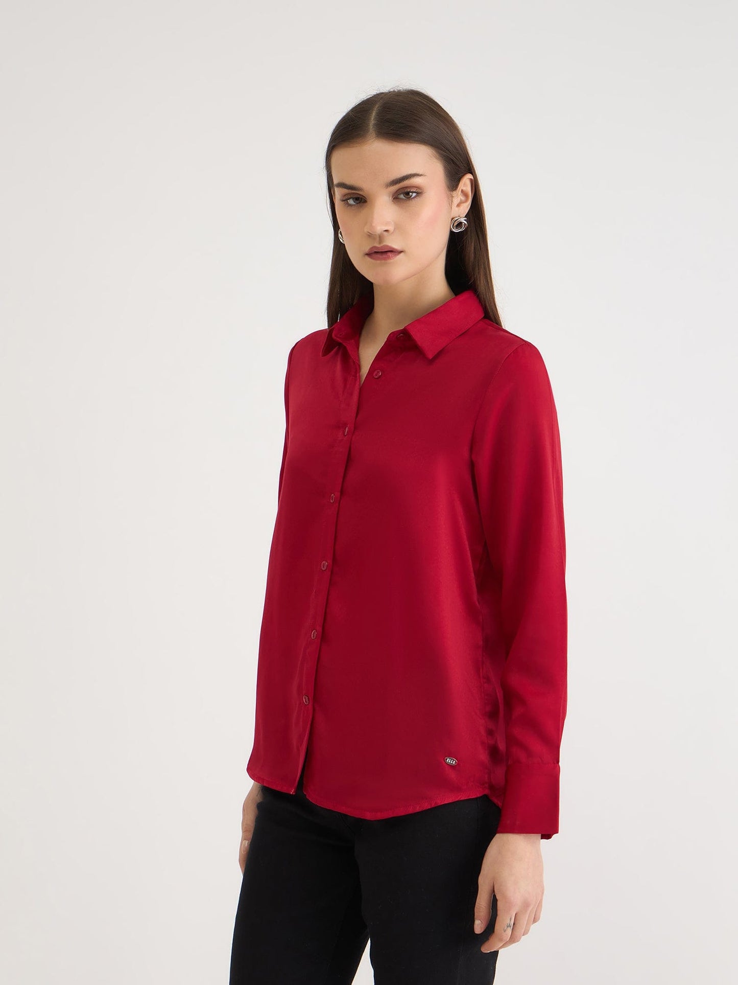Elle Women Red Solid Collar Shirt