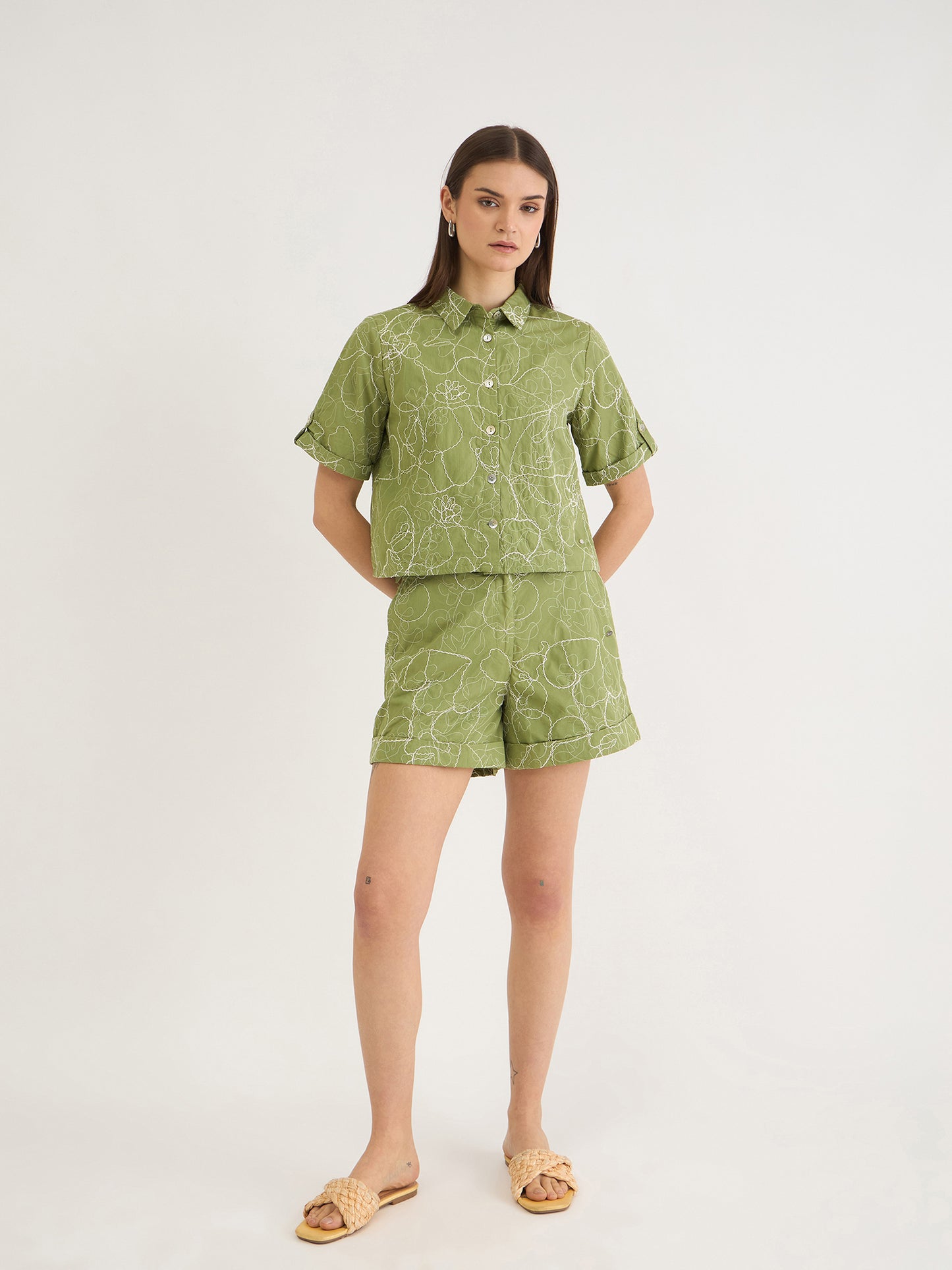 Elle Women Green Embroidered Collar Top