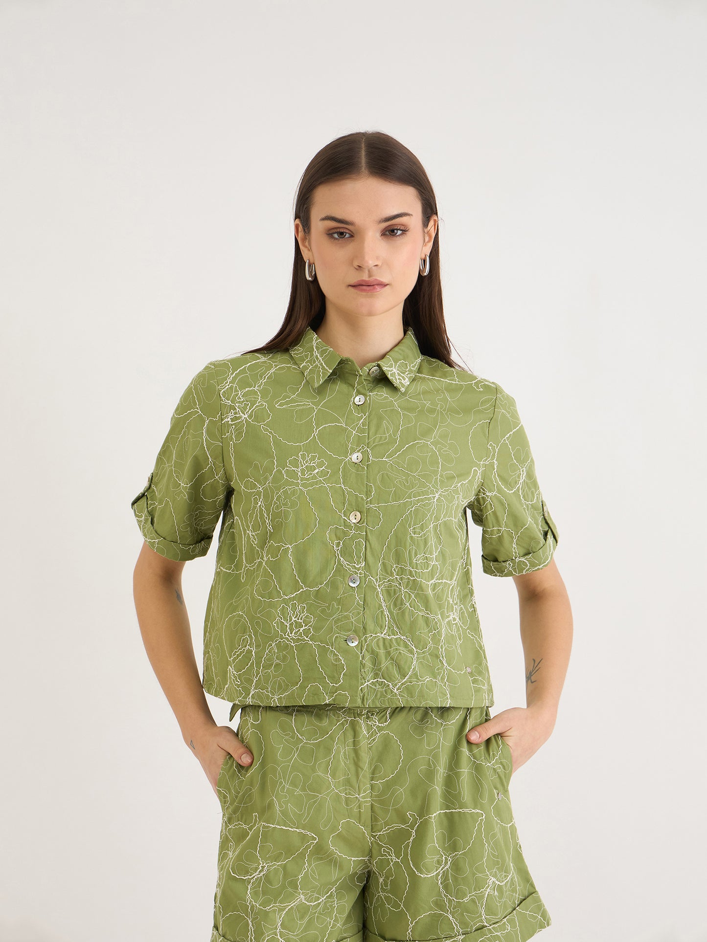 Elle Women Green Embroidered Collar Top