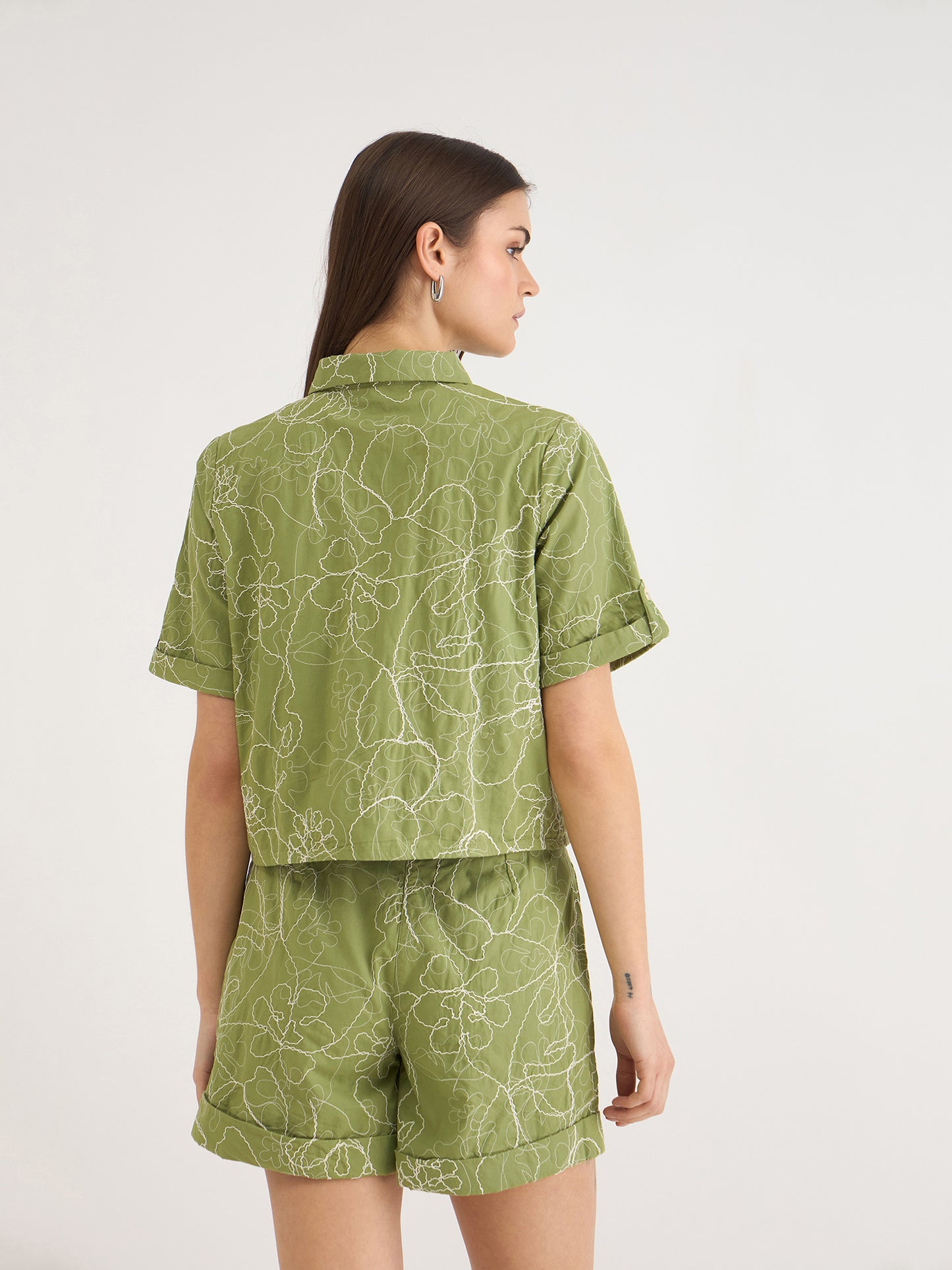 Elle Women Green Embroidered Collar Top