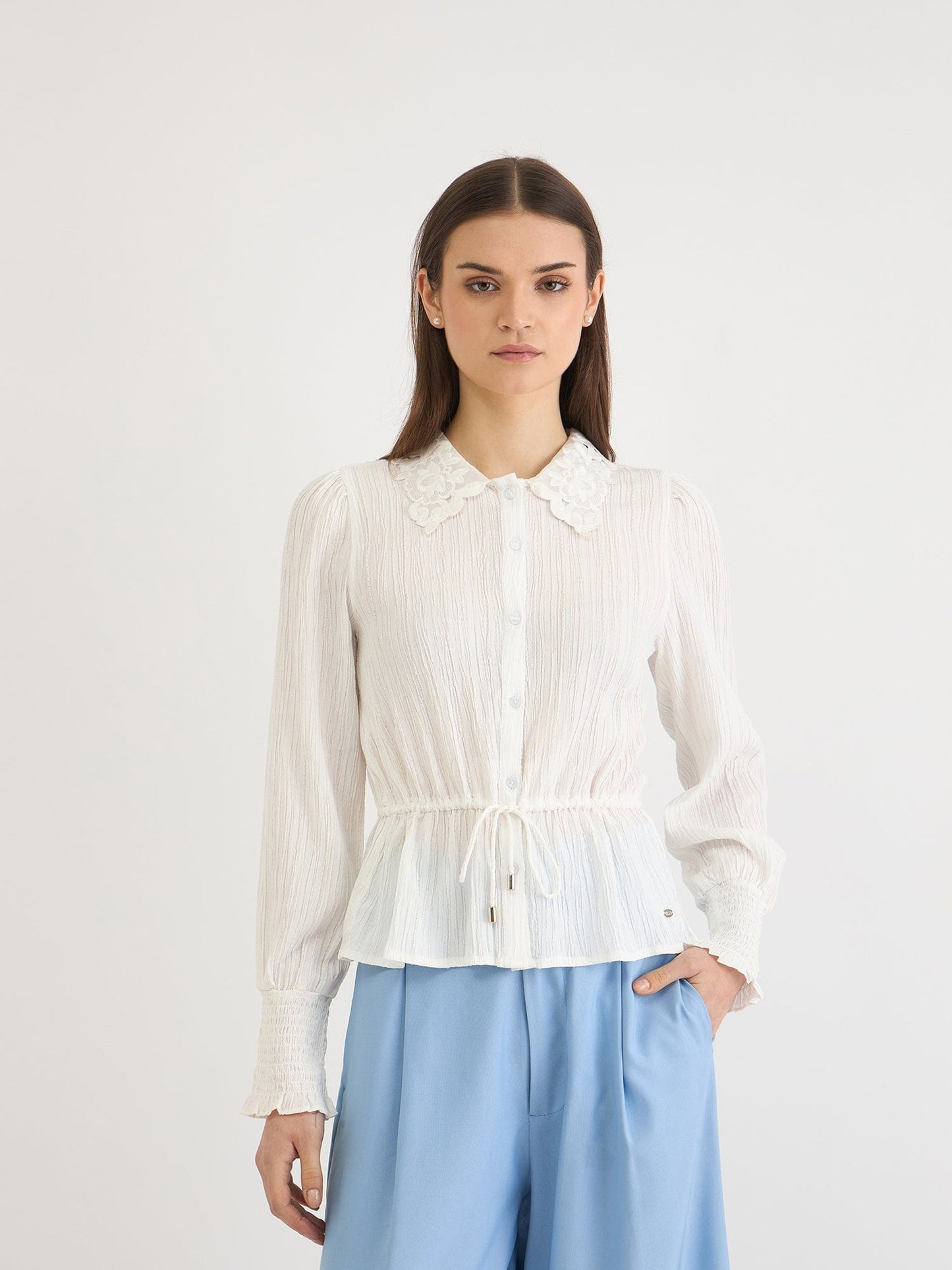 Elle Women White Solid Collar Top