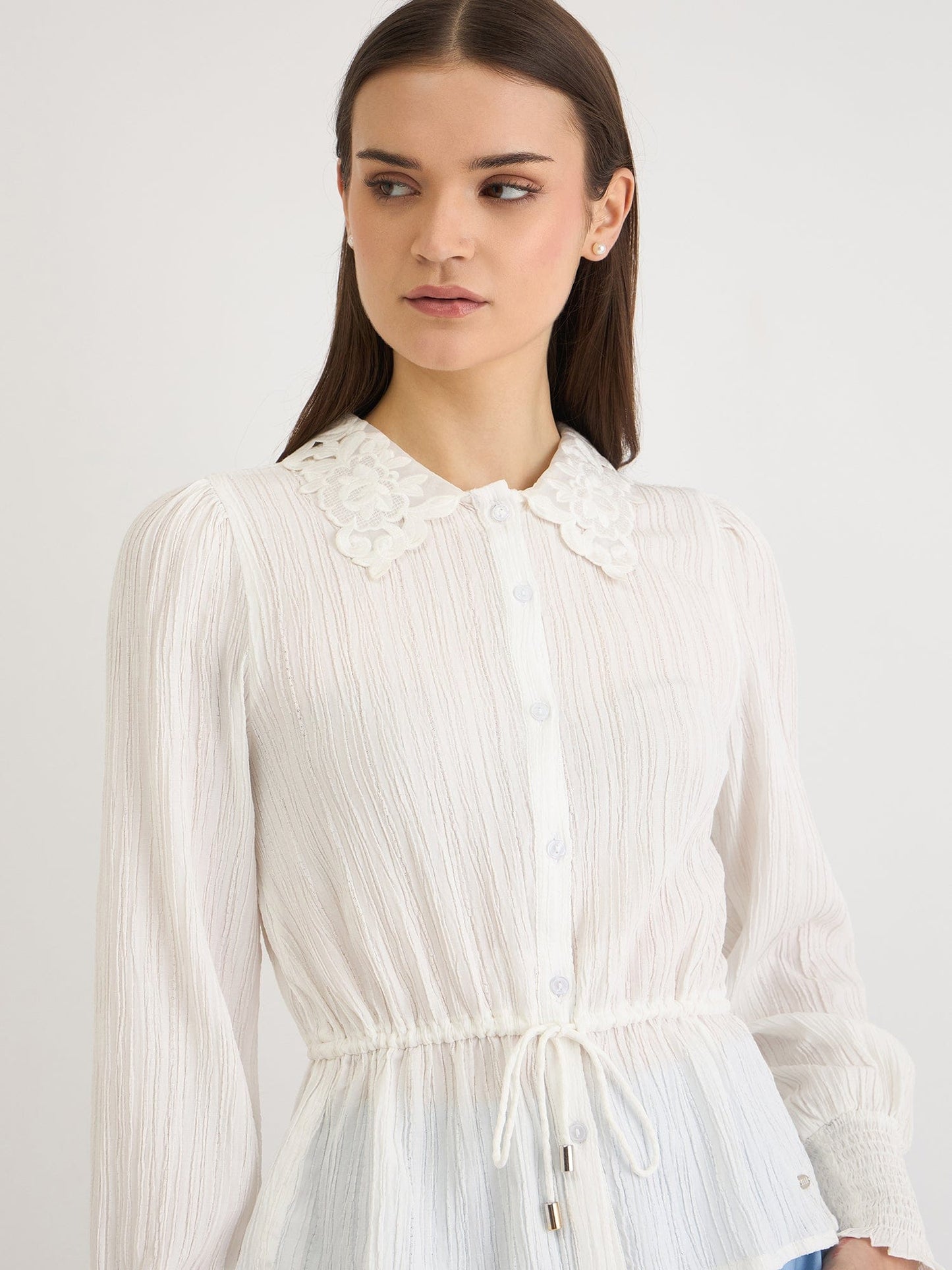 Elle Women White Solid Collar Top