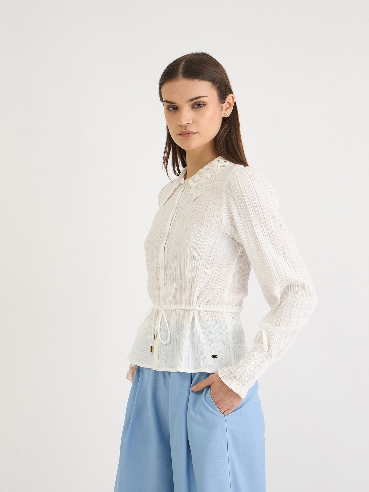 Elle Women White Solid Collar Top