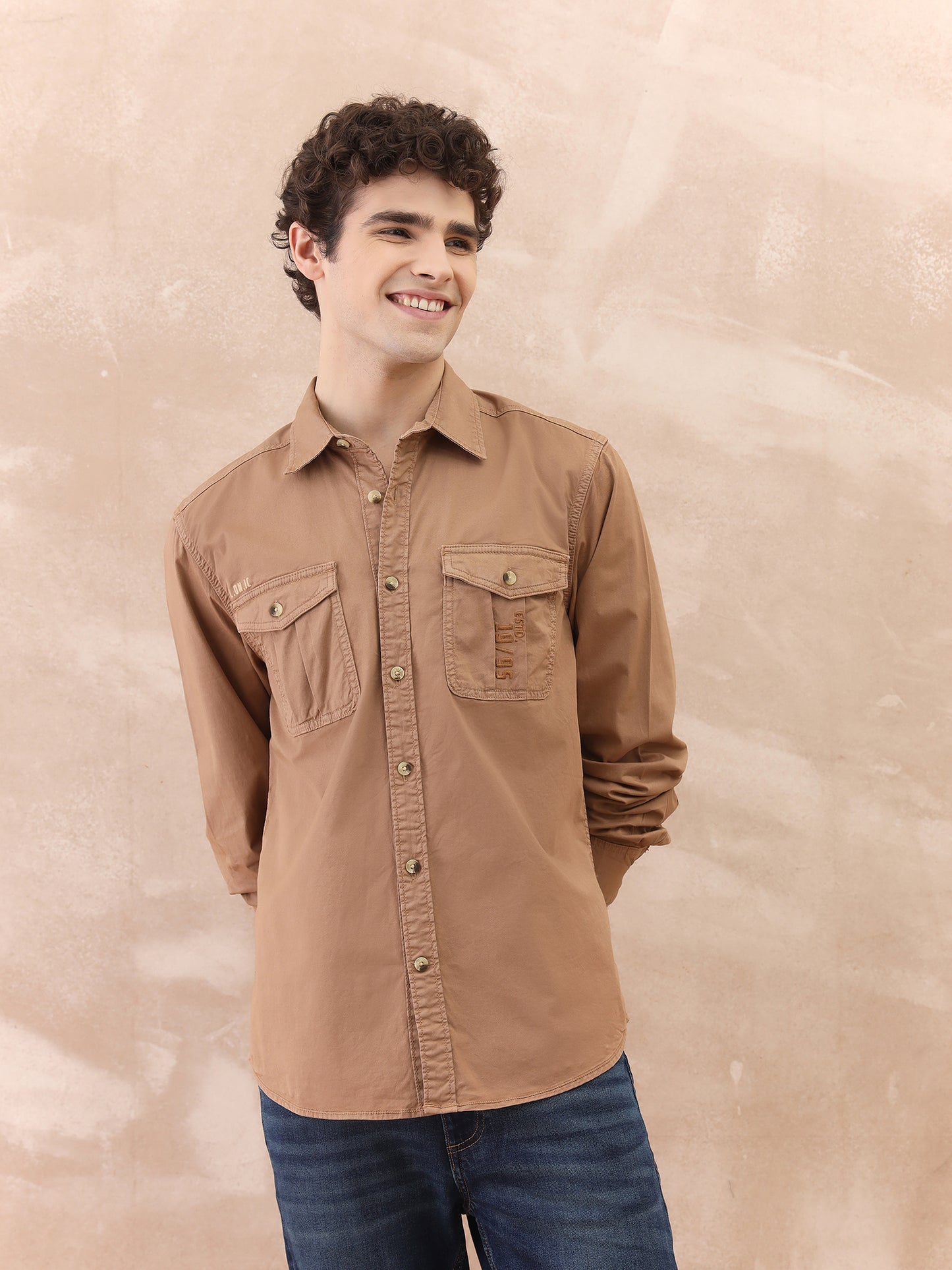 Iconic Men Brown Washed Collar Shirt