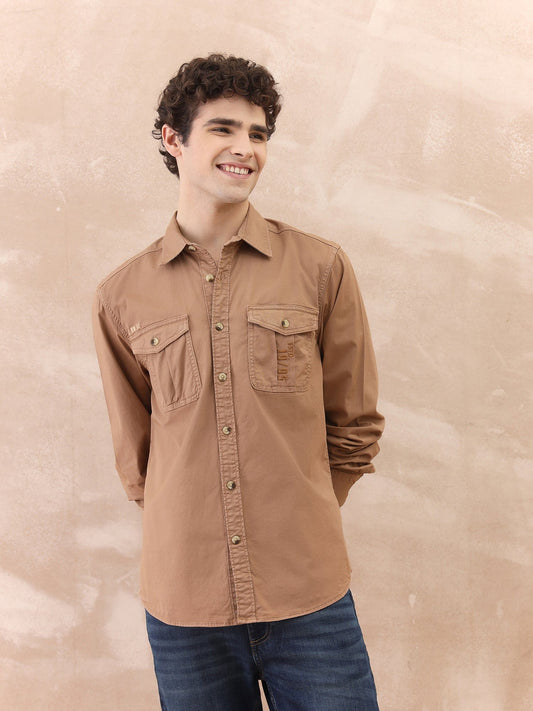 Iconic Men Brown Washed Collar Shirt