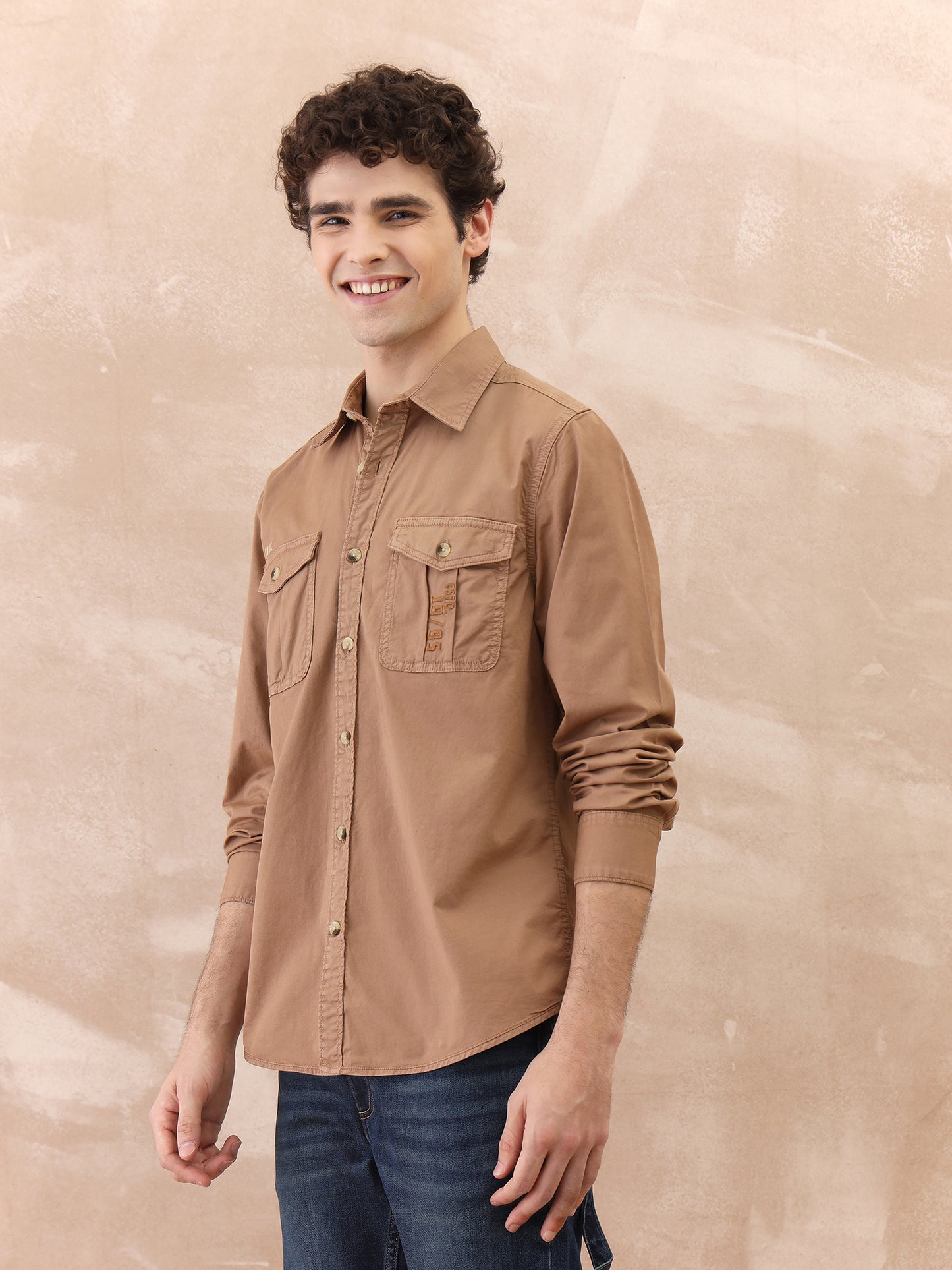 Iconic Men Brown Washed Collar Shirt