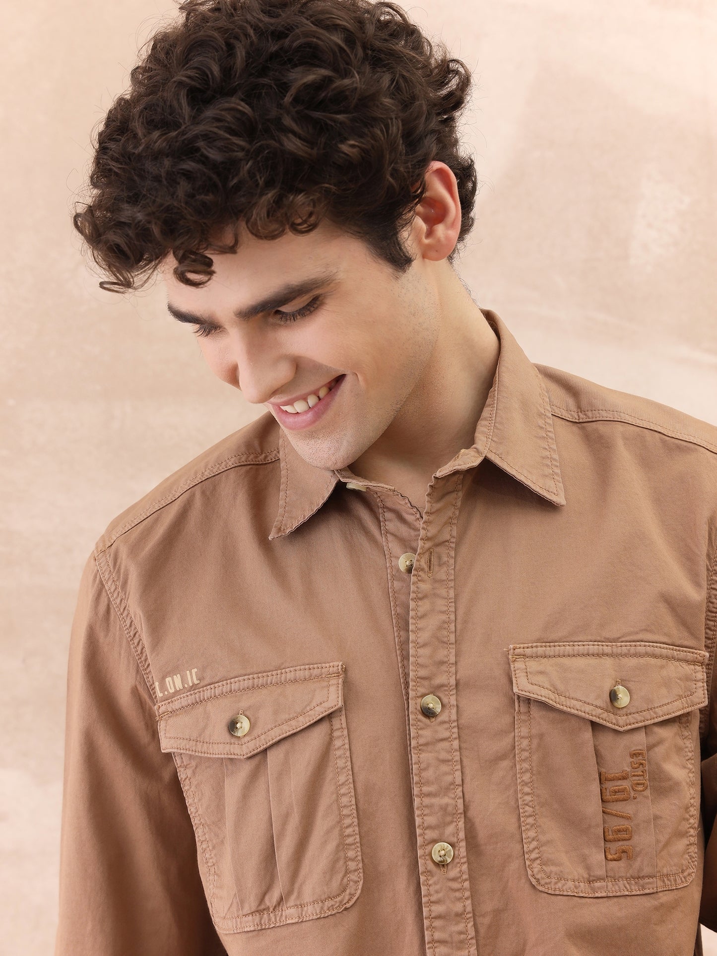 Iconic Men Brown Washed Collar Shirt