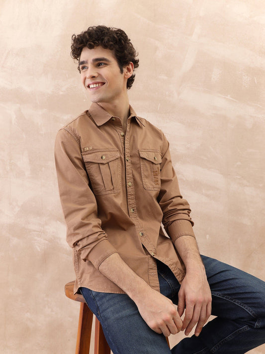 Iconic Men Brown Washed Collar Shirt