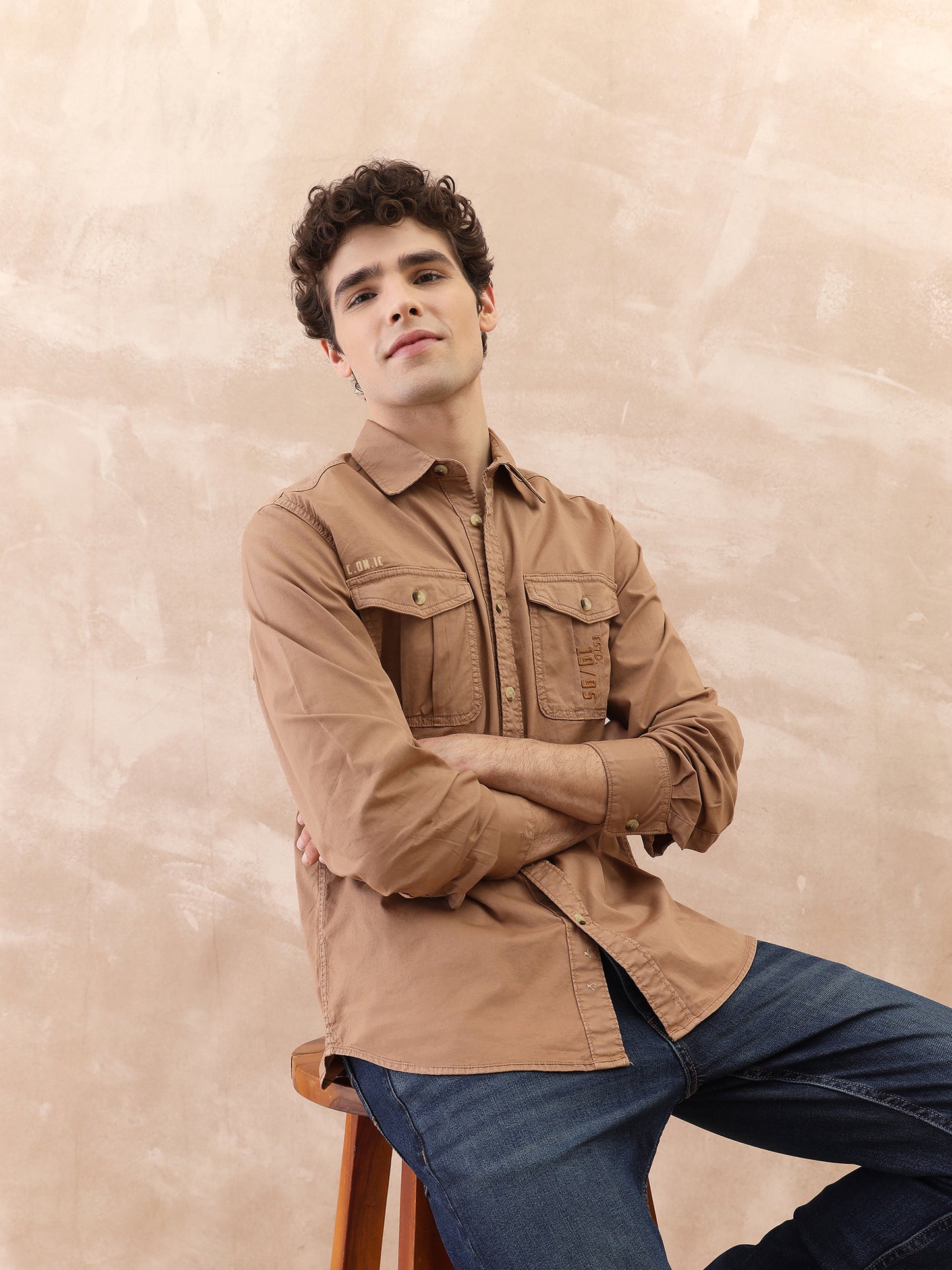 Iconic Men Brown Washed Collar Shirt