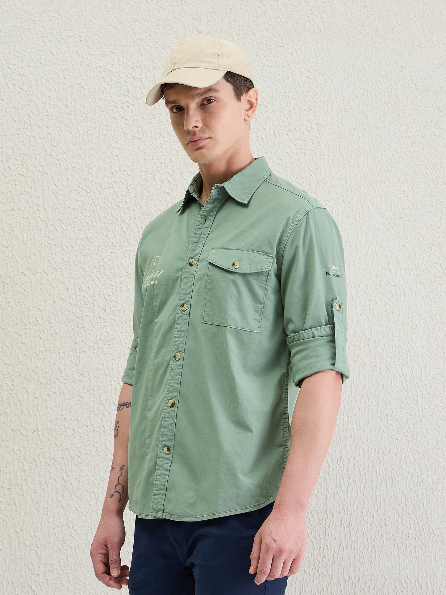 Iconic Men Green Washed Collar Shirt