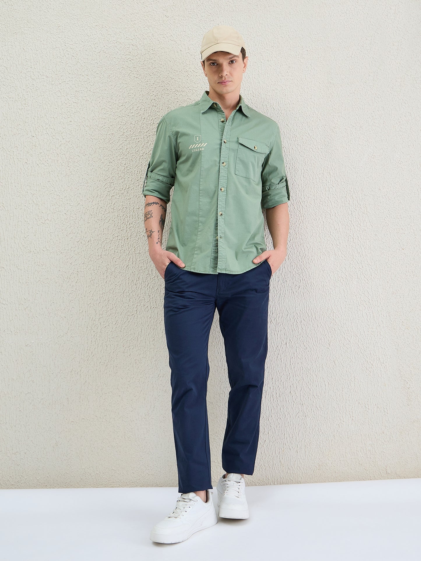 Iconic Men Green Washed Collar Shirt