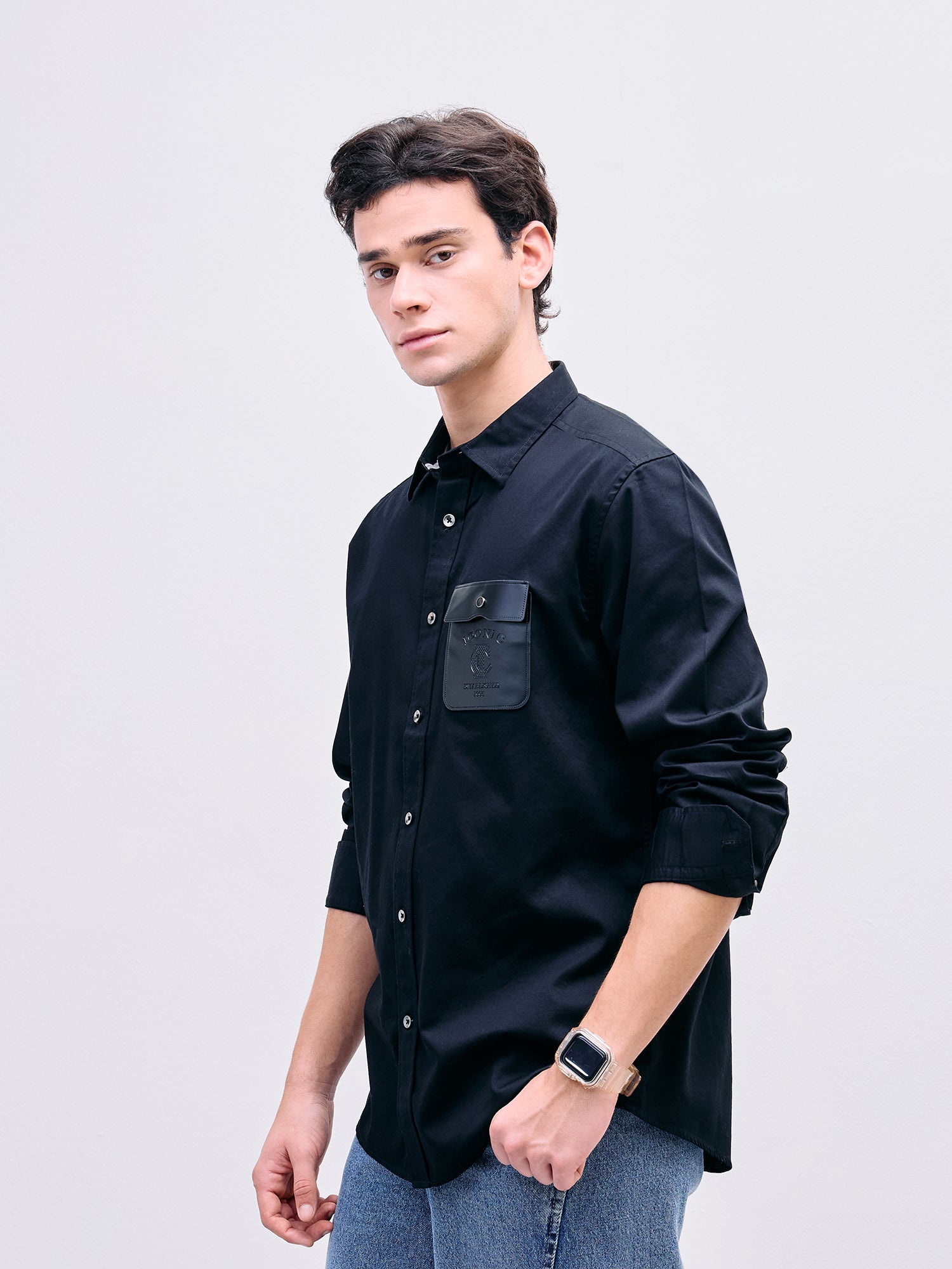 Iconic Men Black Solid Collar Shirt