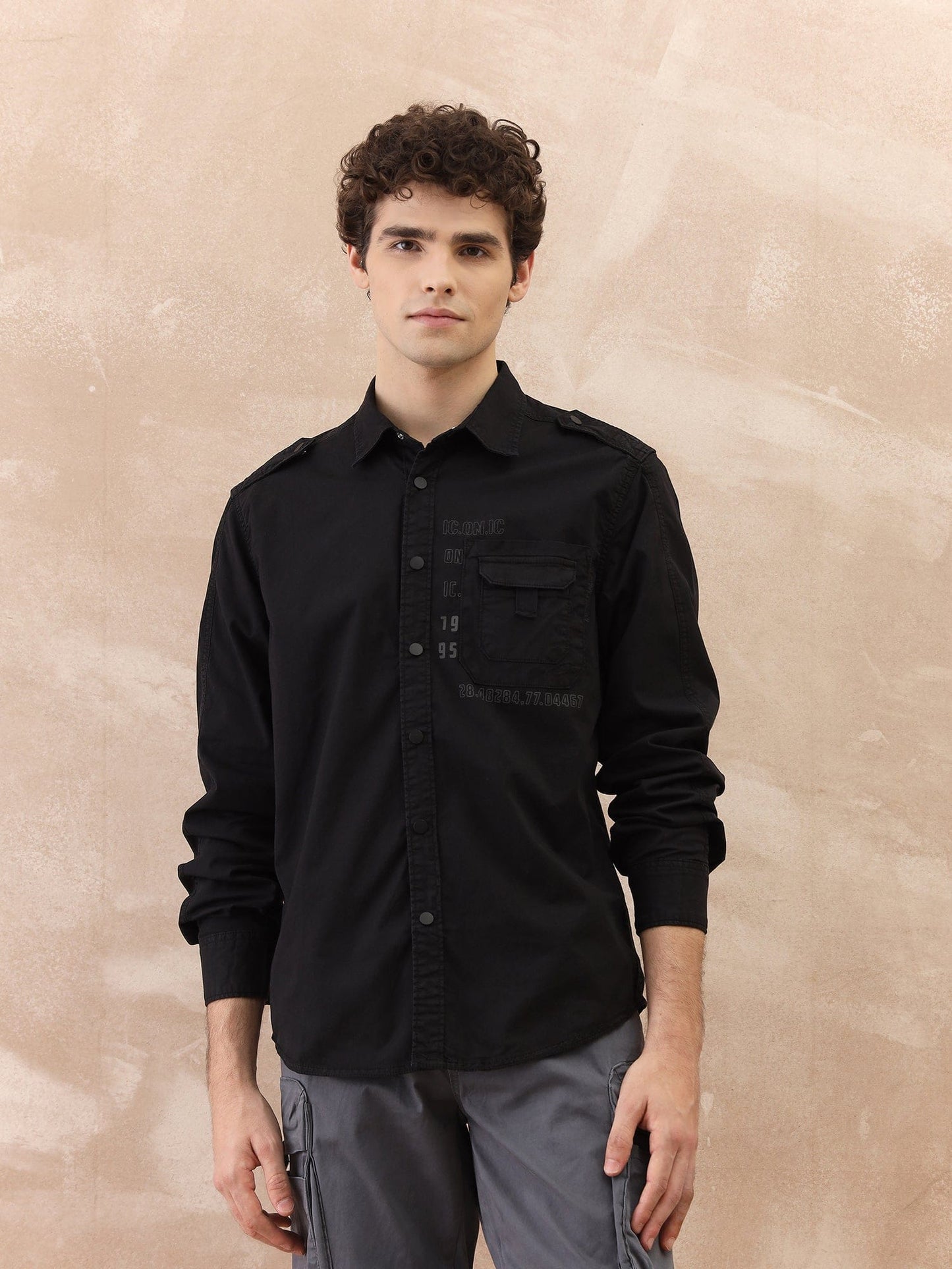 Iconic Men Black Washed Collar Shirt