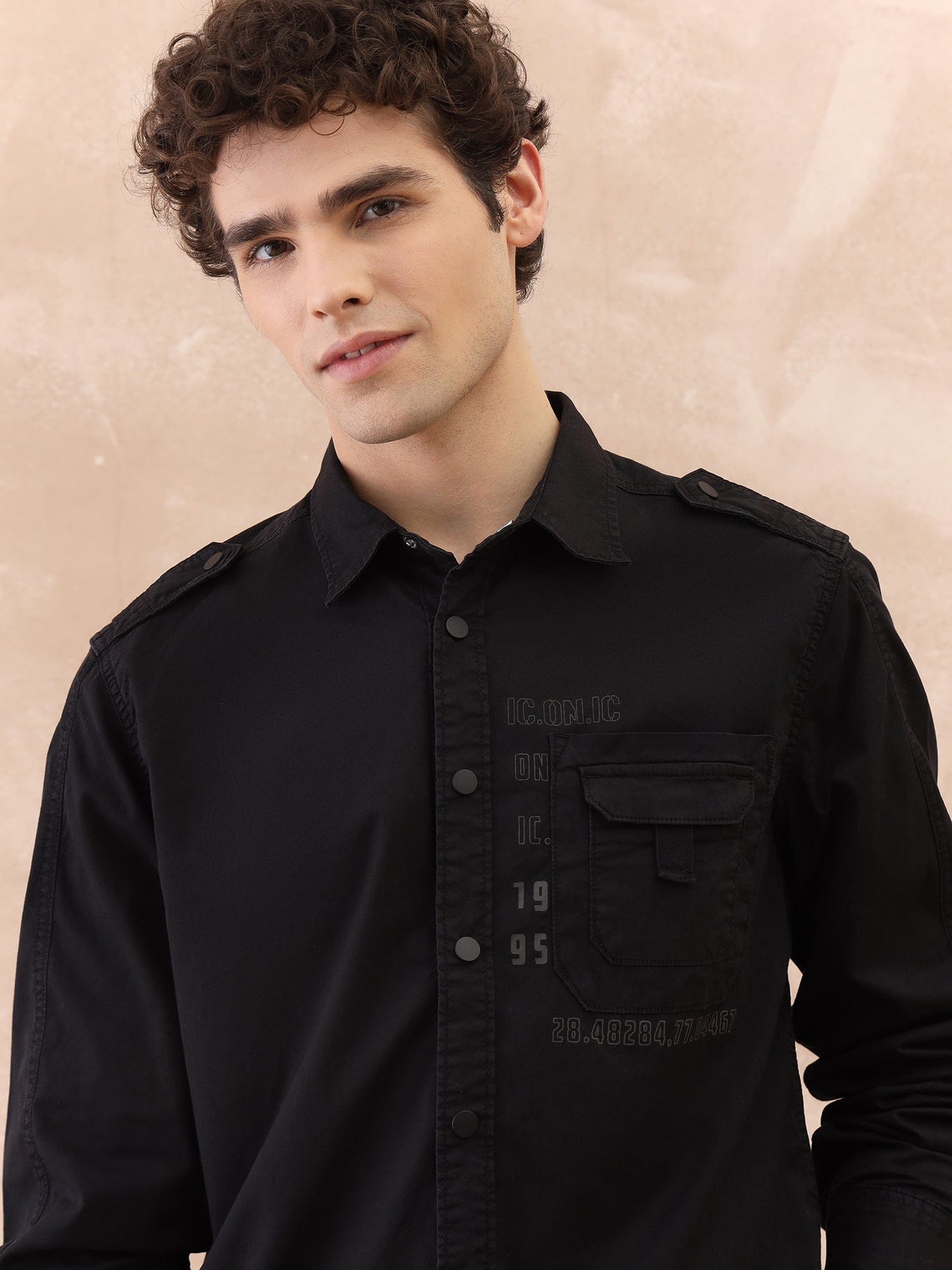 Iconic Men Black Washed Collar Shirt