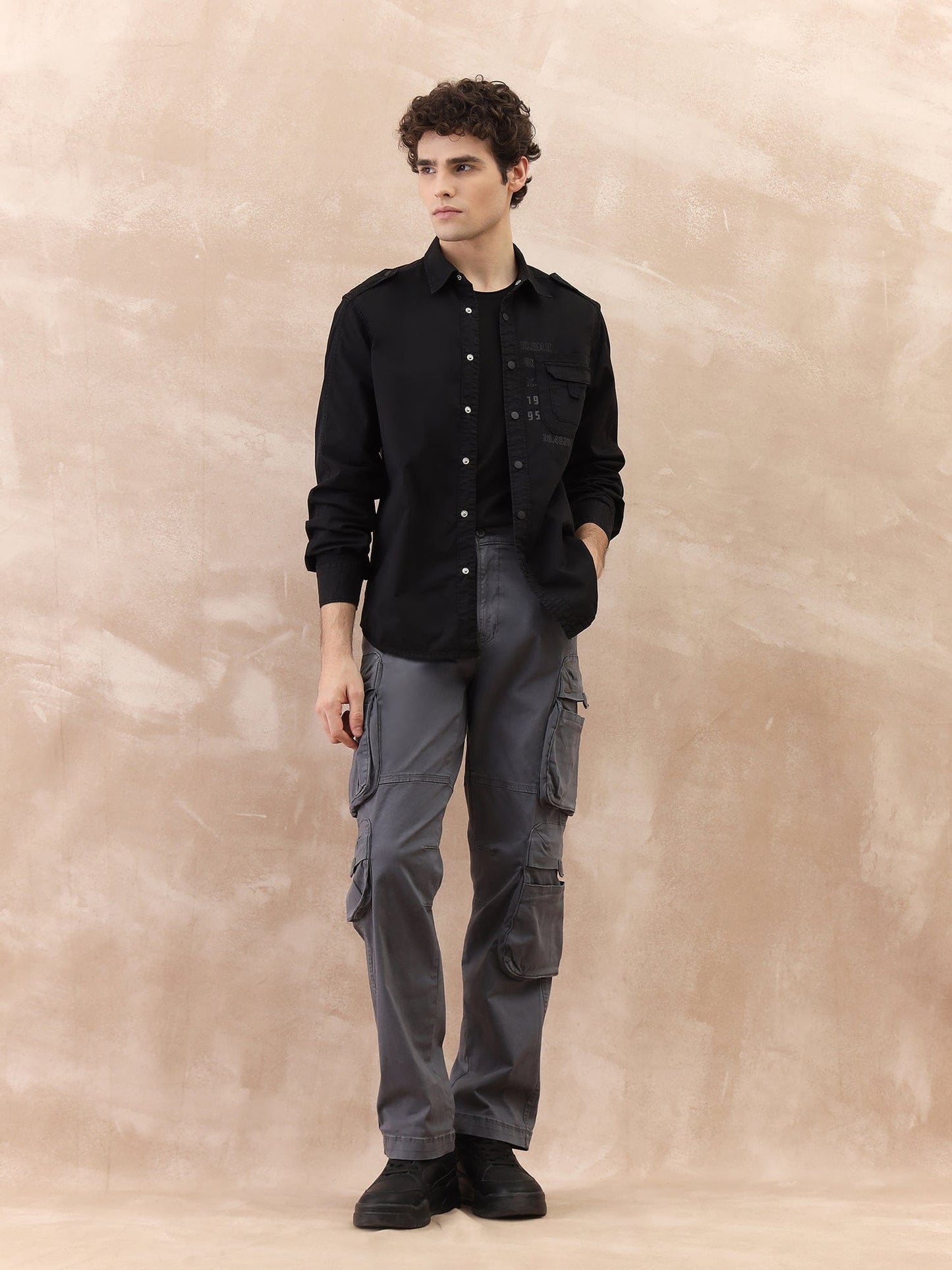 Iconic Men Black Washed Collar Shirt