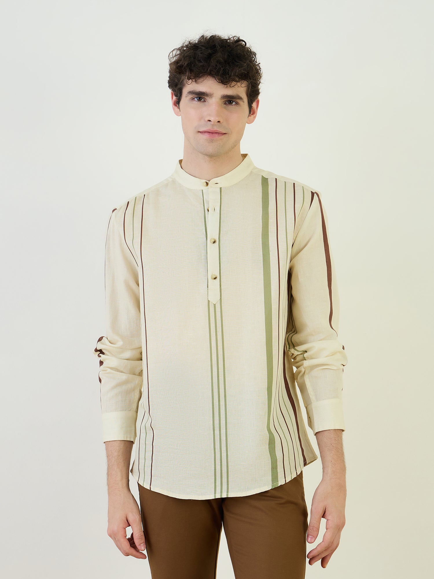 Iconic Men Beige Striped Band Collar Shirt