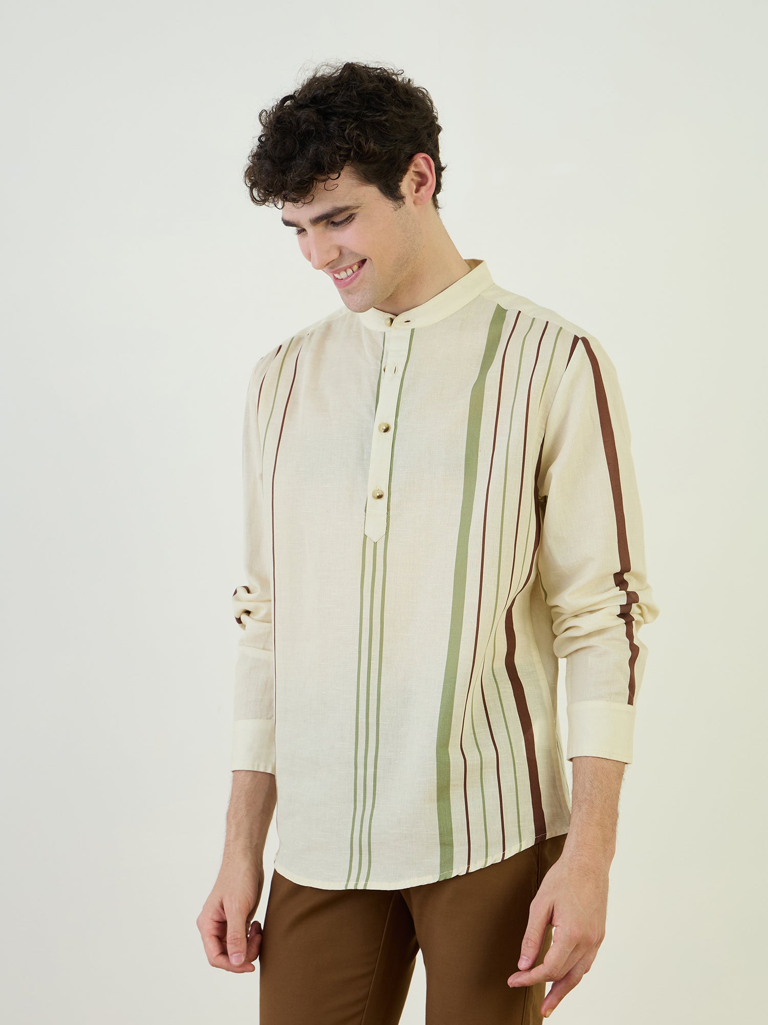 Iconic Men Beige Striped Band Collar Shirt