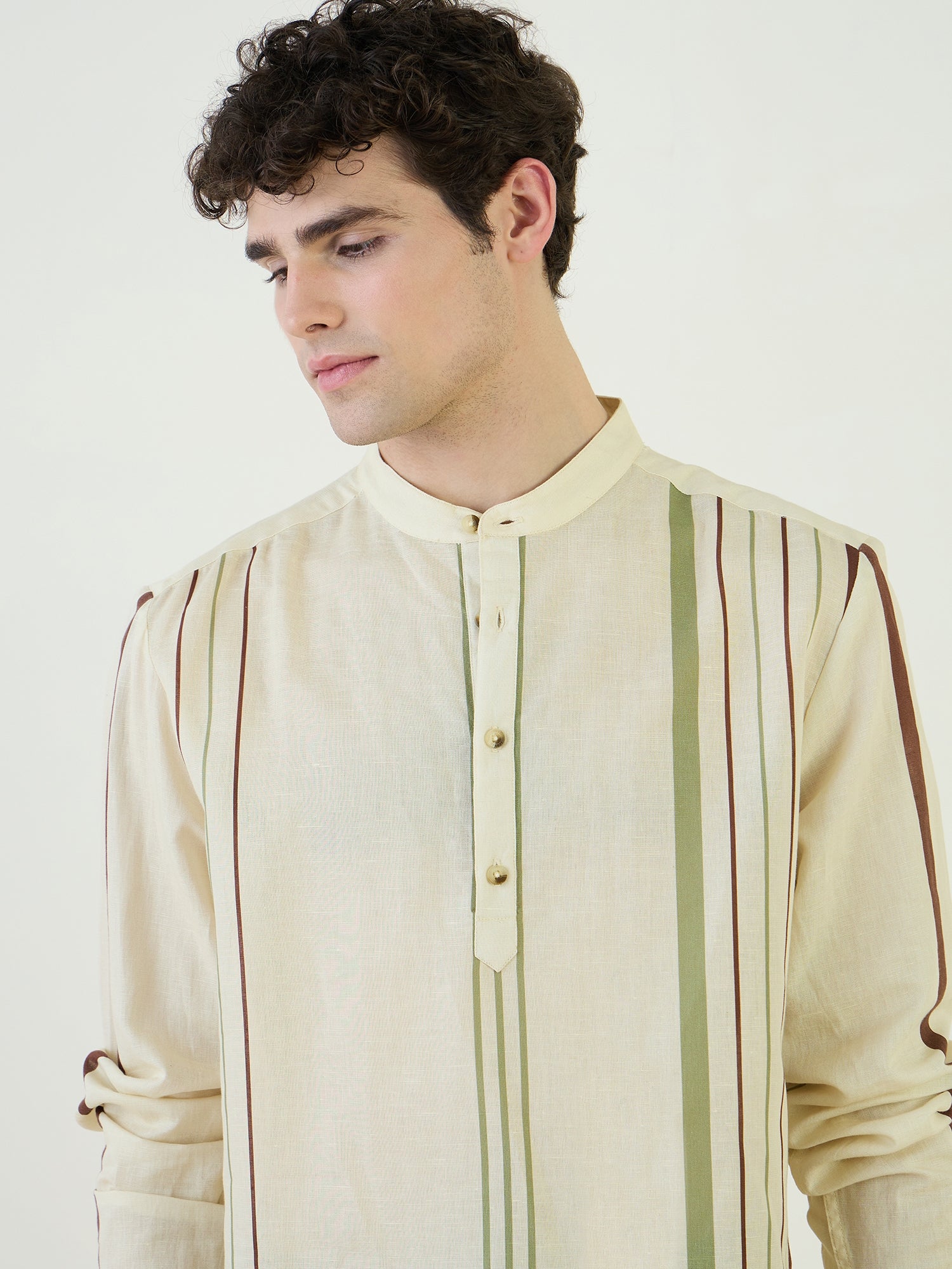 Iconic Men Beige Striped Band Collar Shirt