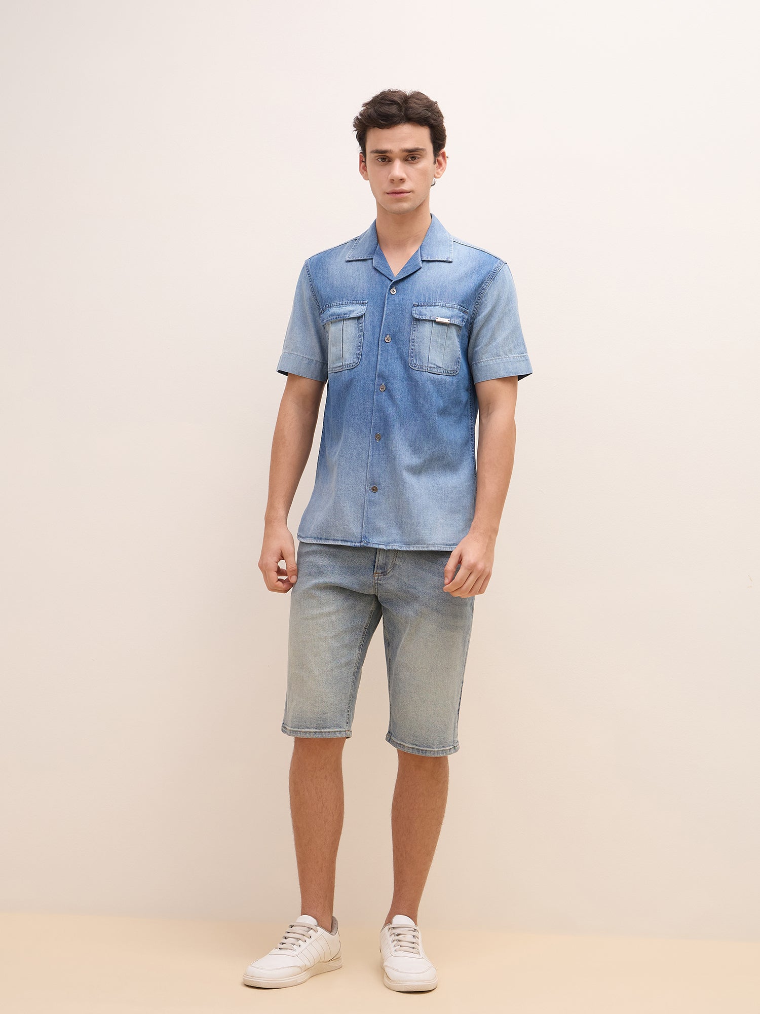 Iconic Men Blue Washed Resort Collar Shirt