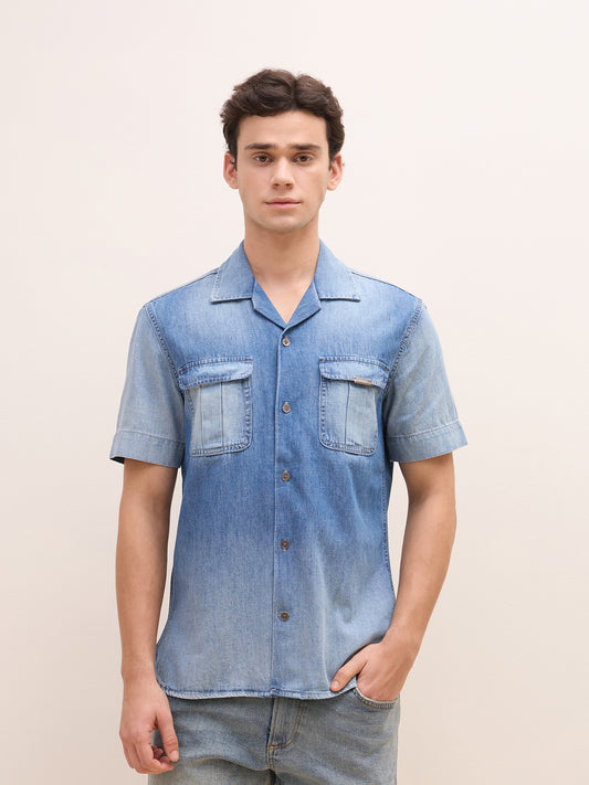 Iconic Men Blue Washed Resort Collar Shirt