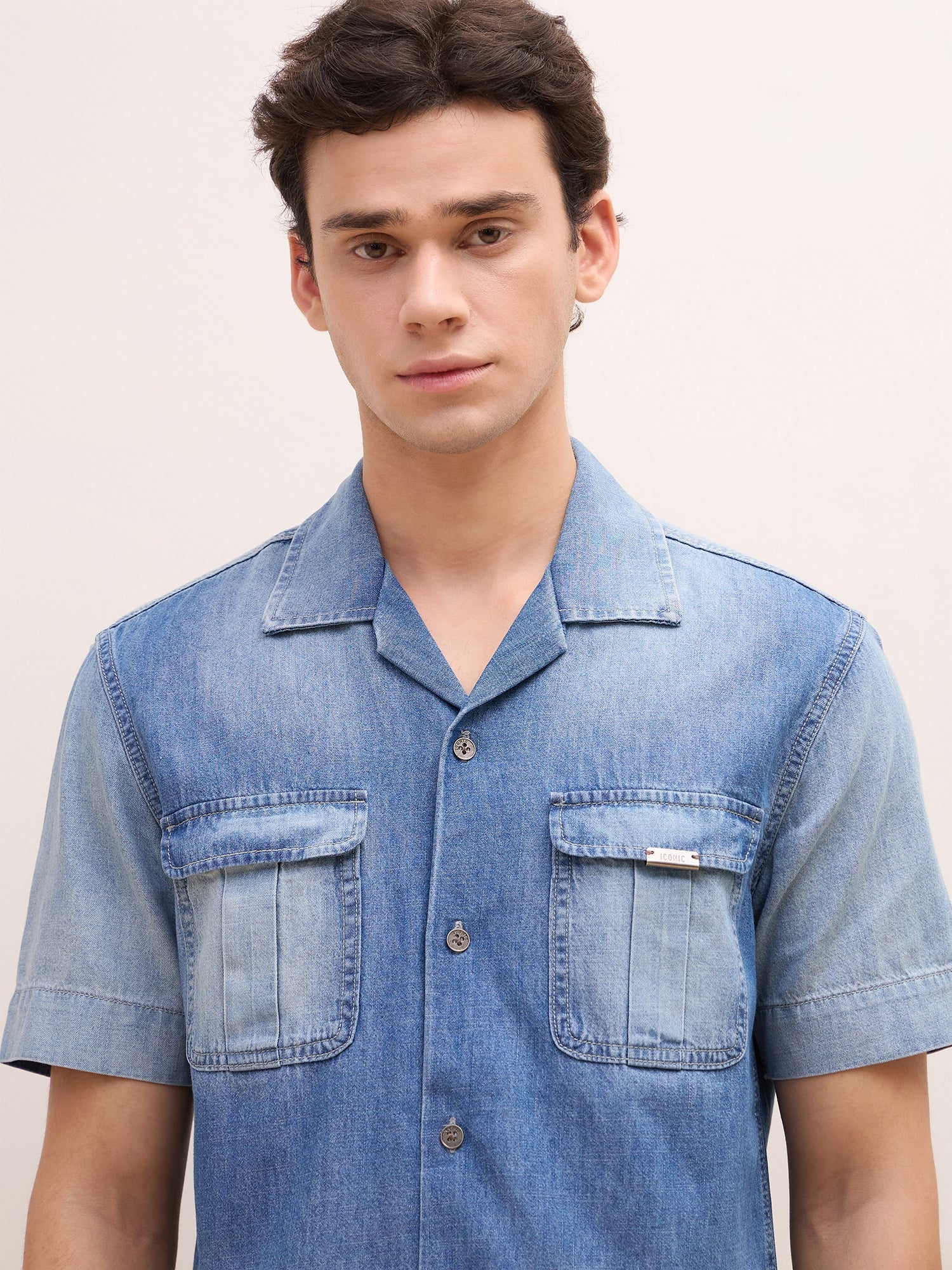 Iconic Men Blue Washed Resort Collar Shirt
