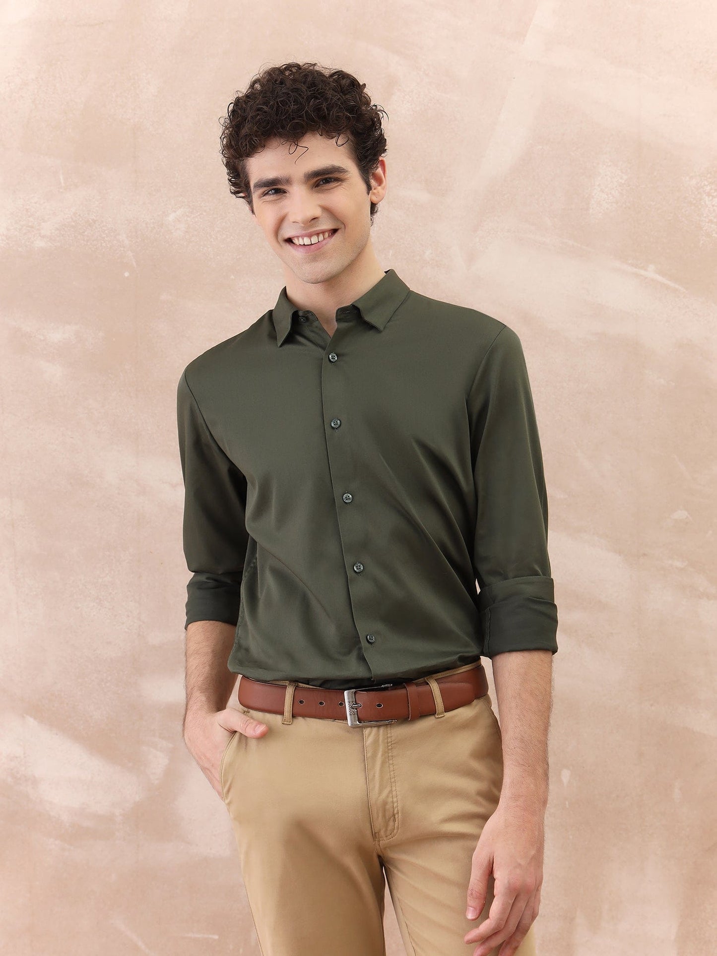 Iconic Men Green Solid Collar Shirt
