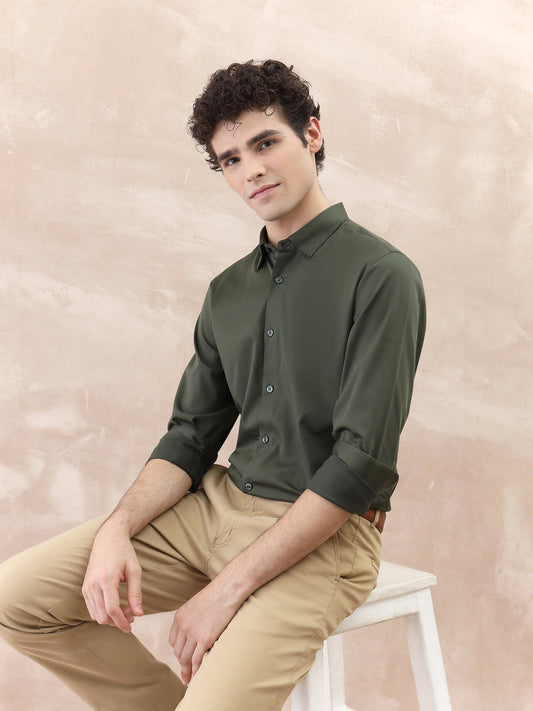 Iconic Men Green Solid Collar Shirt