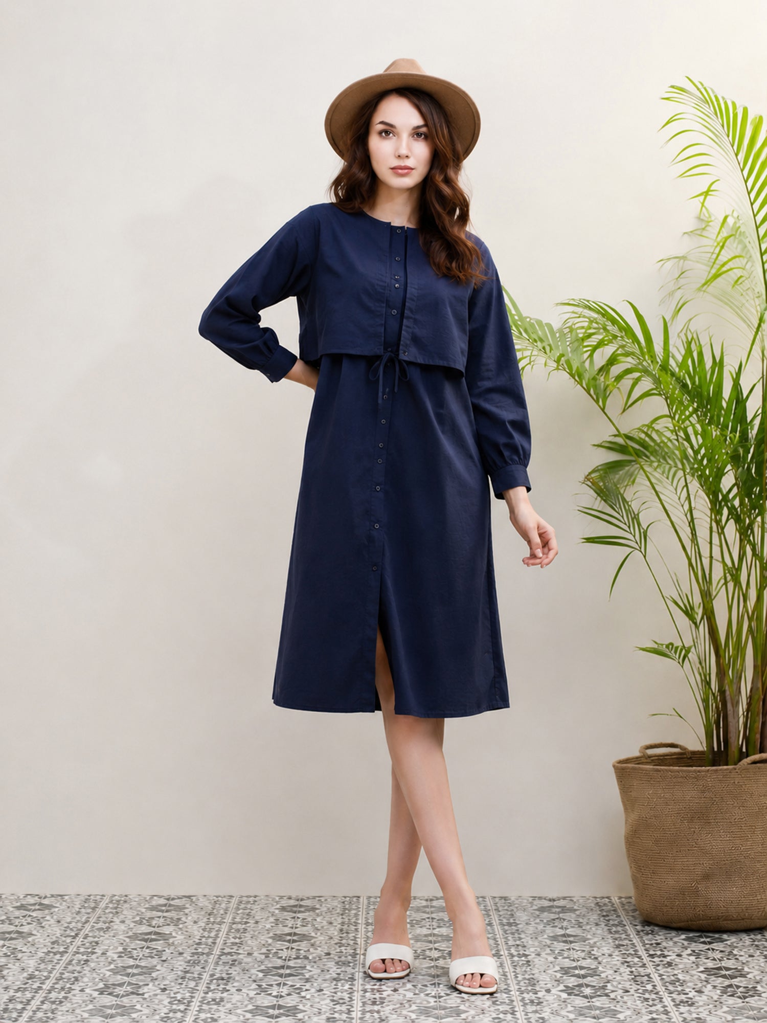 Iconic Women Blue Solid Round Neck Dress