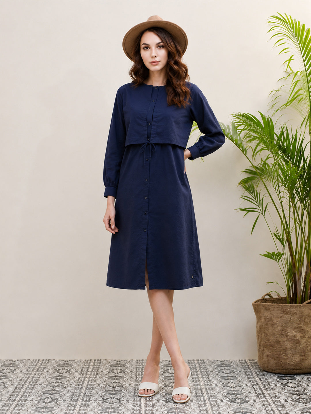 Iconic Women Blue Solid Round Neck Dress