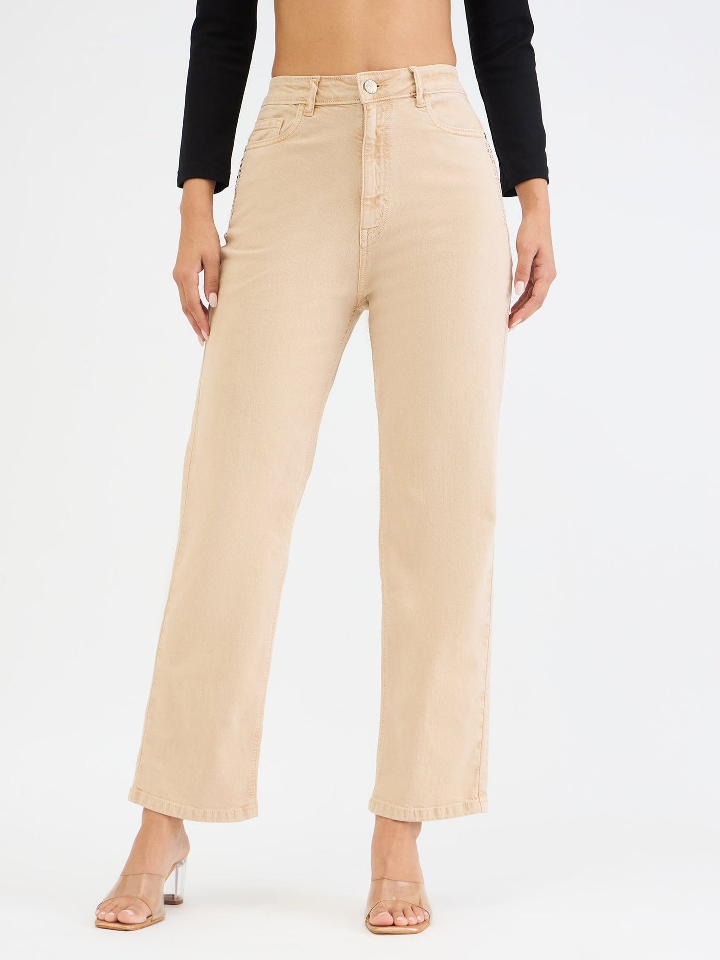 Elle Women Beige Straight Fit Solid Jeans